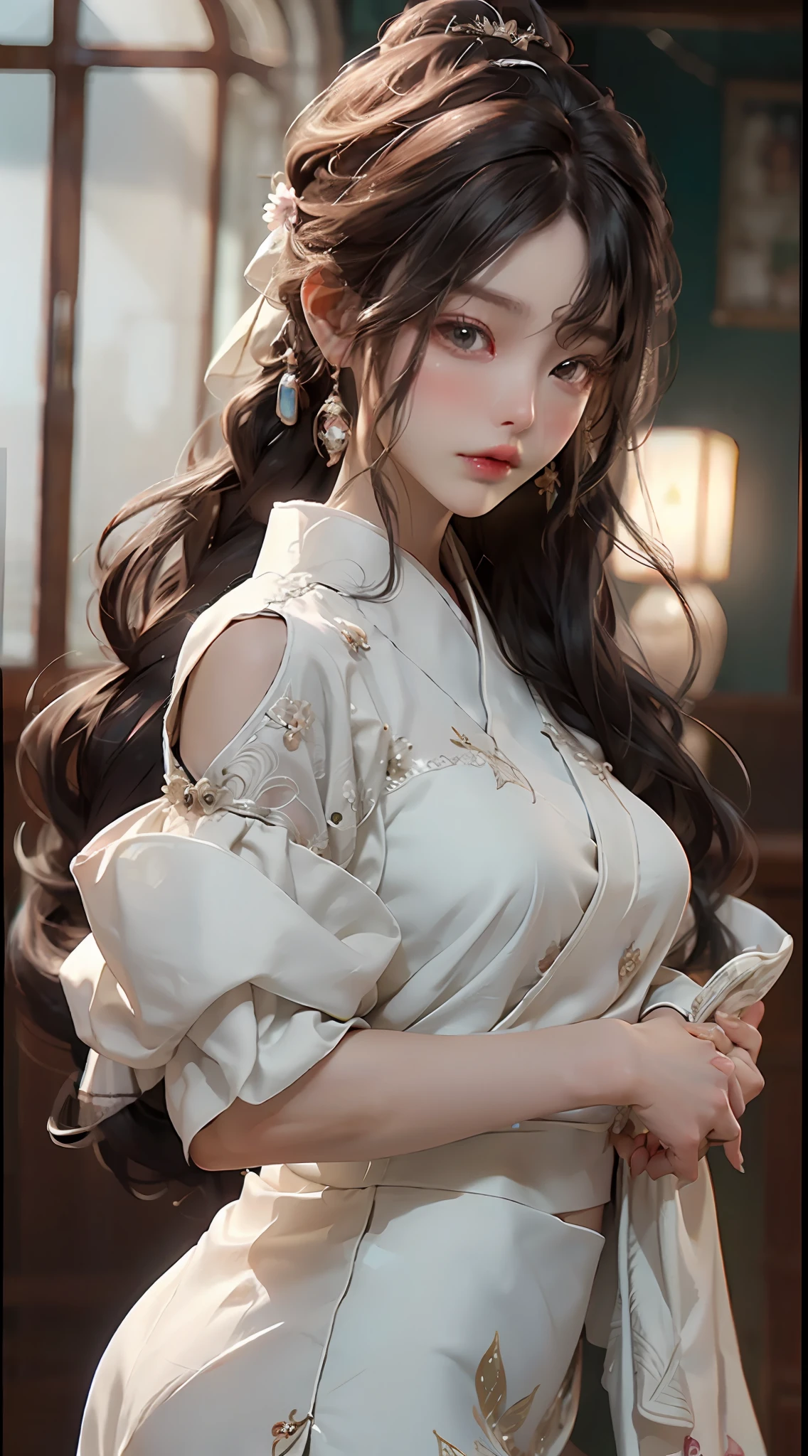 (filigree,Sharp images,hyper resolution,Extremely amazing detail,Awesome detail),sub-surface Scattering,杰作,best qualitiy,high qulity,(1girls:1.2)Long curly black hair,brown-eyed,Wear a garland on your head,gal girl,blossoms,White wedding dress,Chang robe,Large skirt,crystal,Delicate facial features,ringlets,Hair flying,perfectbody,Natural light