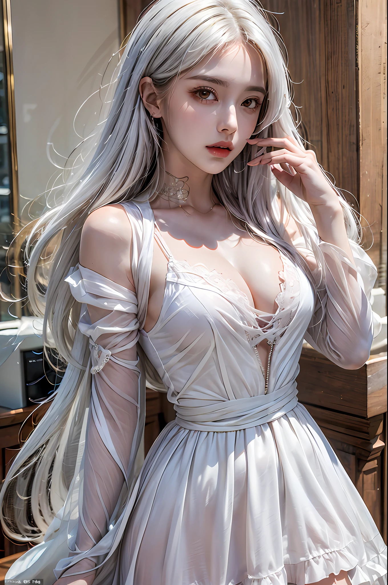 best quality, masterpiece, ultra-detailed, detailed light, (RAW photo:1.2), (photorealistic:1.4),(masterpiece:1.3),(best quality:1.4), 1girl, solo, waist up, white hair, long hair, red dress, fashion accessory