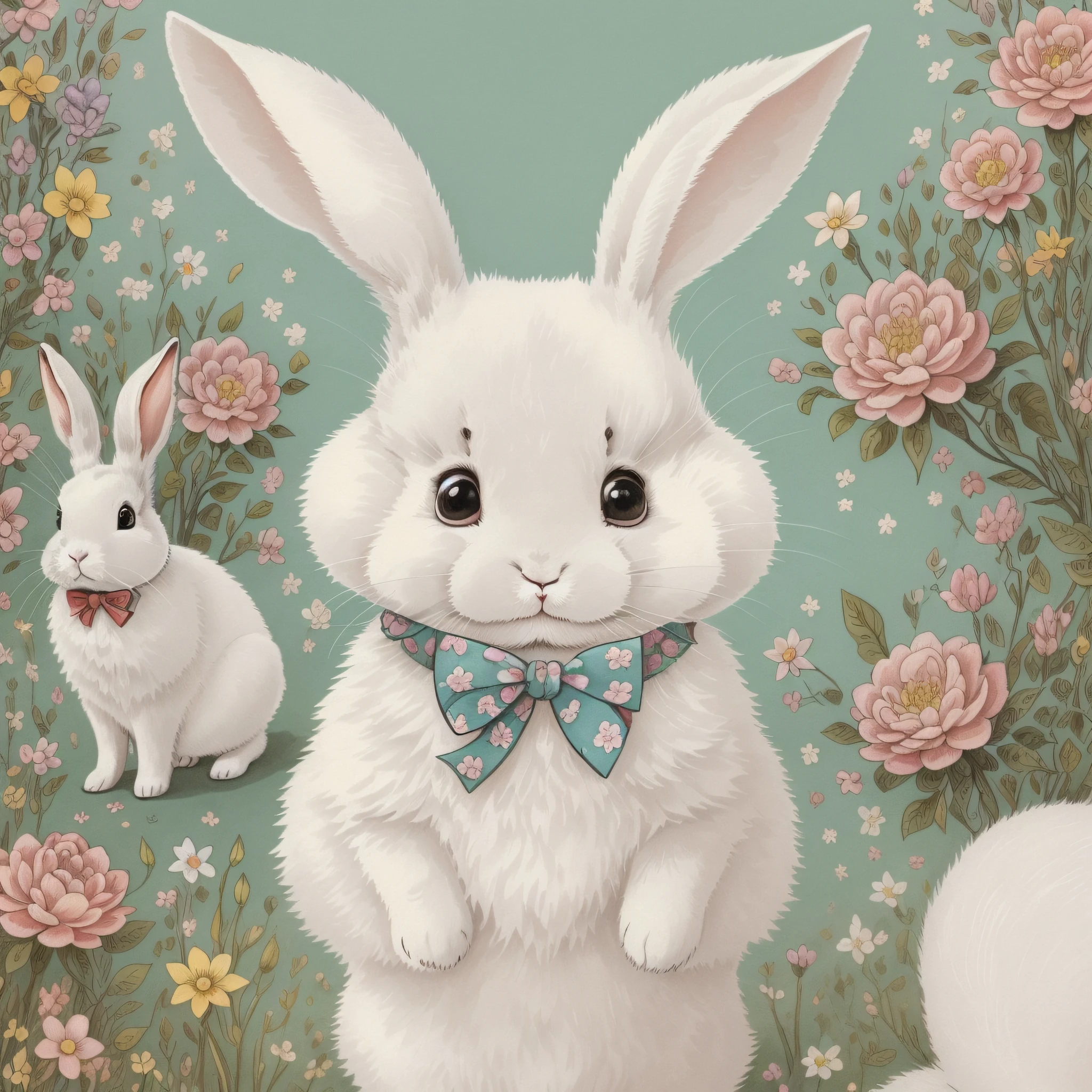 Children's Picture Book Illustration、Cute White Rabbit、front on、Lateral face、Behind、Setting image、a Pretty、Bipedal、Humanification of the rabbit、3 head body、Setting image、2 rabbit ears、colored illustration、Composition materials、Colorful colors、Deformed rabbit、18th century French clothing、