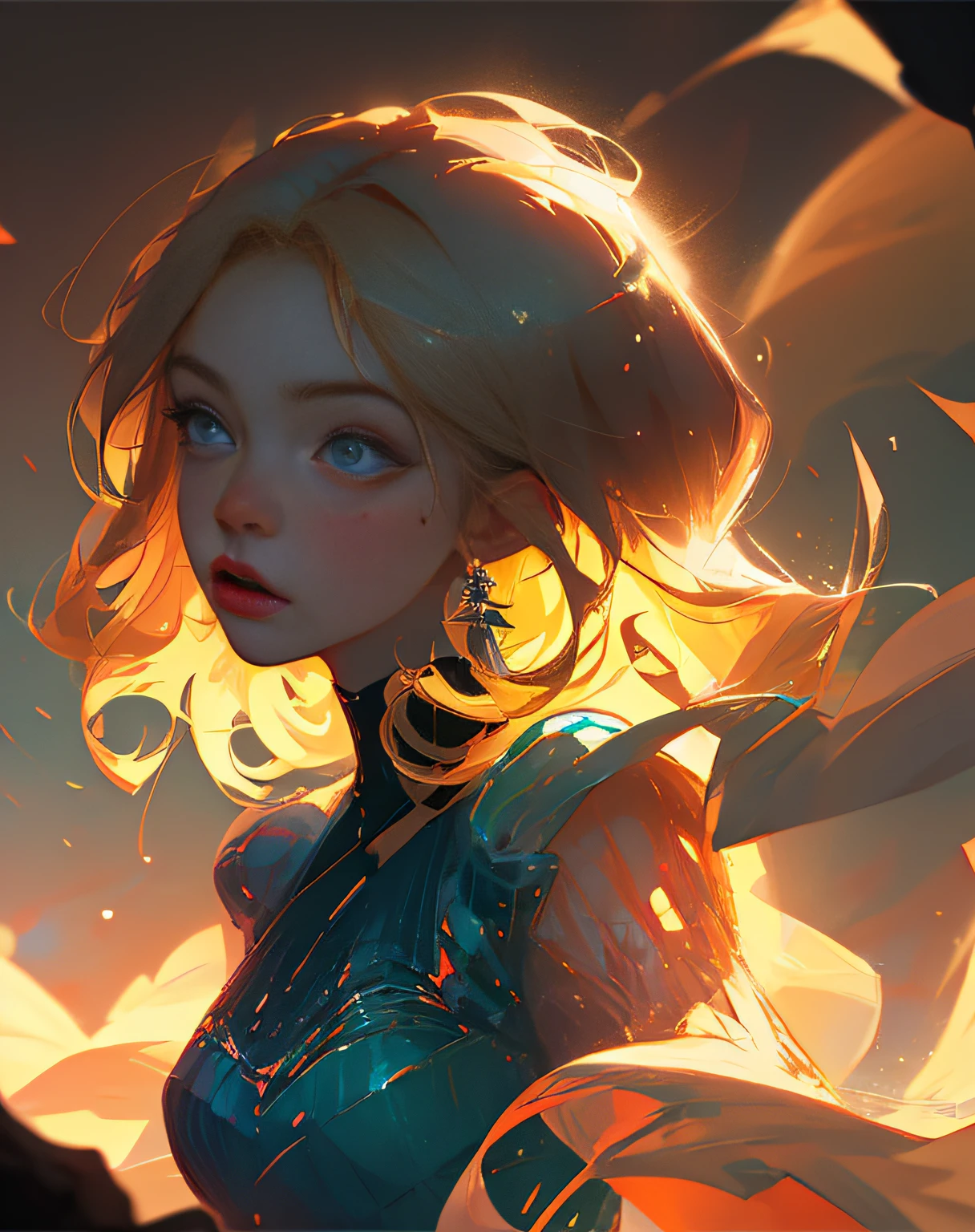 artwork of a pretty woman, adult, striking, artistic composition, emotional, active, motion, particles, backlit blonde hair,masterpiece,highest quality,1girl,,(close up),depth of field