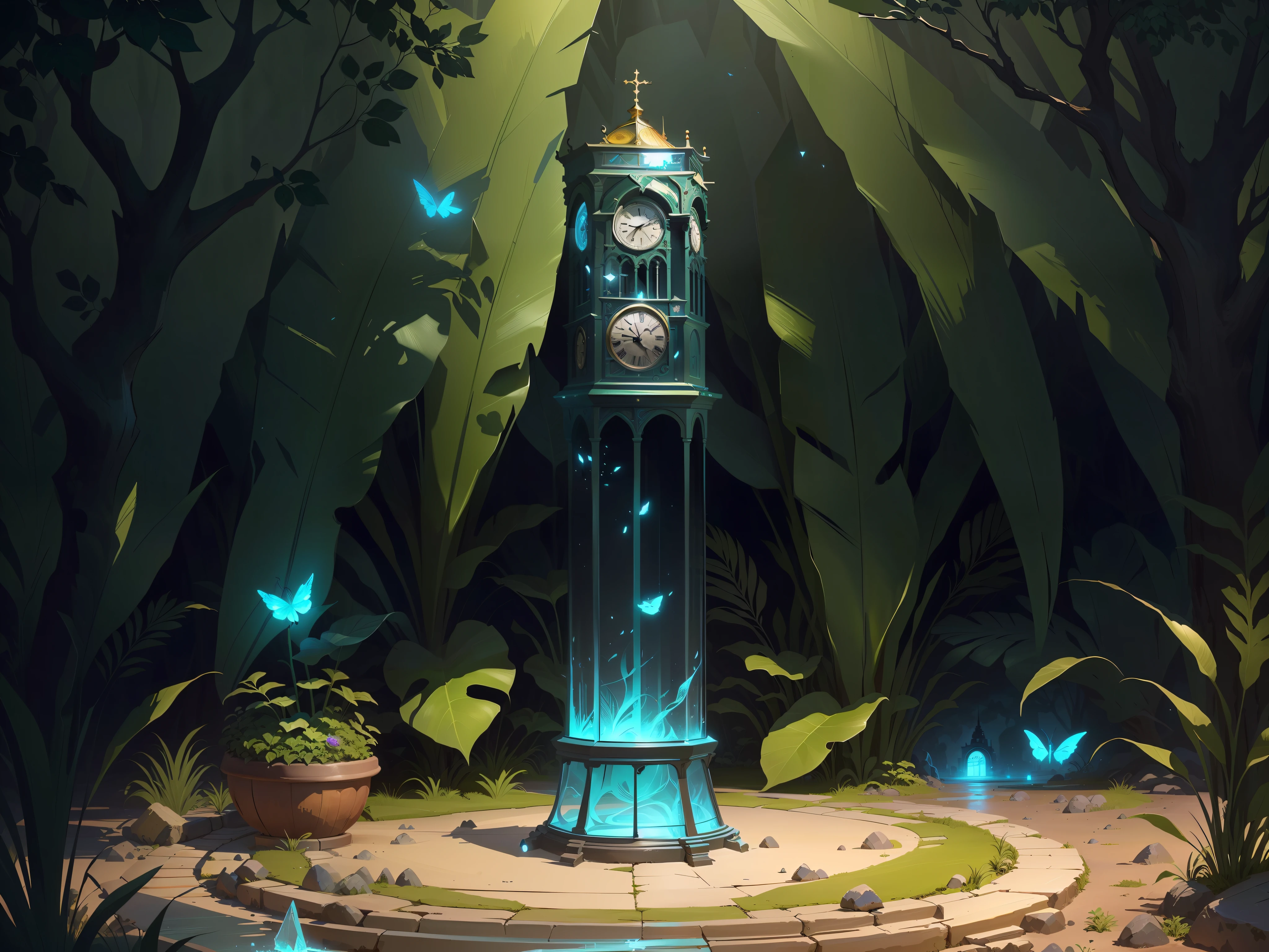 there is a clock tower in the middle of a forest, full of glass. cgssociety, magical fantasy 2 d concept art, concept art illustration, concept art magical highlight, concept illustration, detailed digital concept art, illustration concept art, arte de fundo, by Yang J, environment design illustration, background artwork, environment concept art, 8k hd wallpaperjpeg artifact