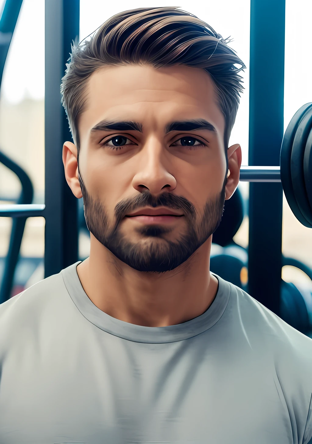 handsome latin, detailed face, best quality, high quality, skin indentation, skin pores, textured skin, movie grain, detailed eyes, perfect mouth, 8k, uhd, 8k uhd, closed mouth, casual clothes, beard, pale skinned, tired, lifted iron bar in the gym, low light environment, saturated colors