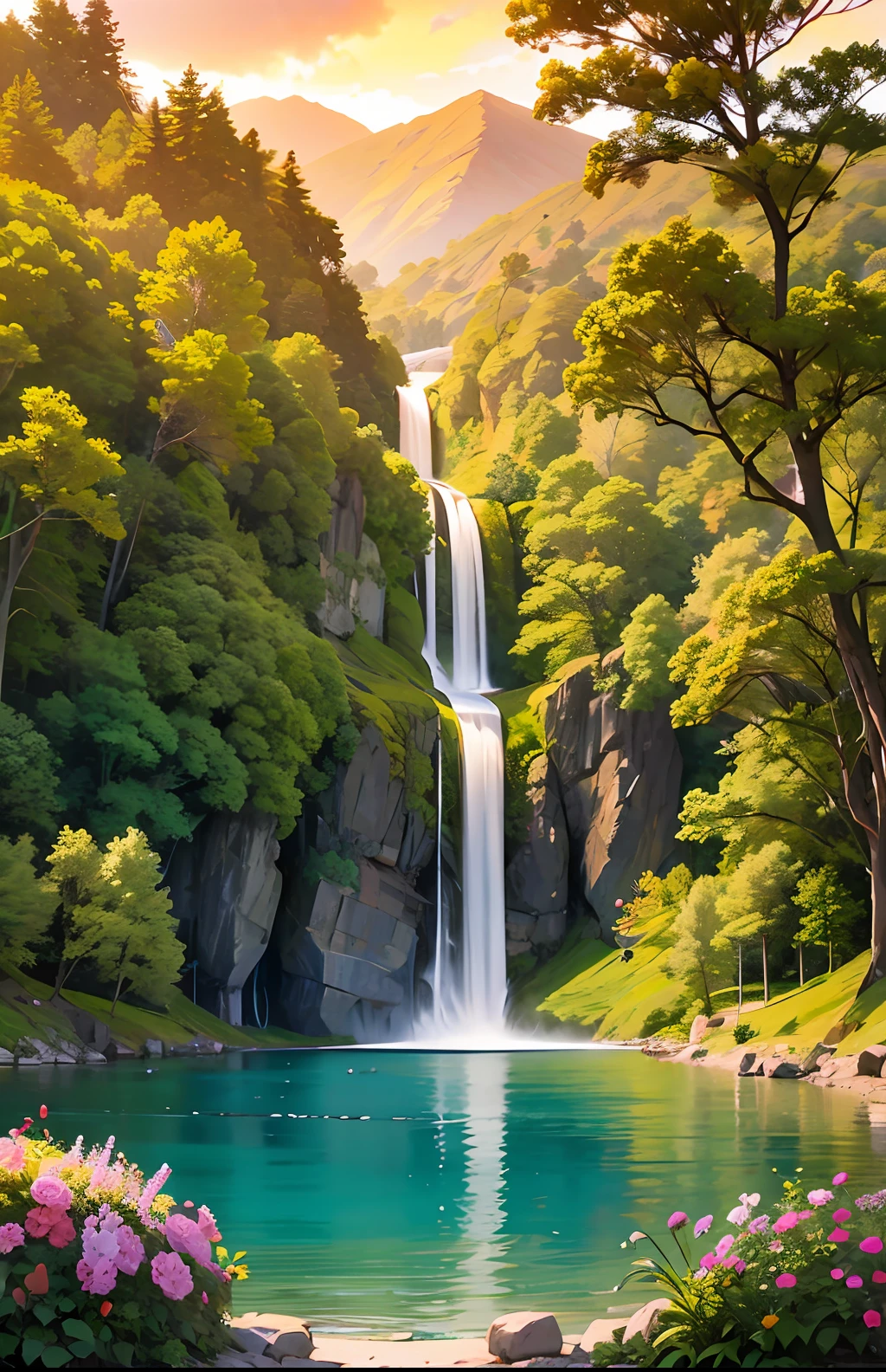 Landscape masterpiece, stunning nature, magnificent sunset in the style of wlop and alena aeinami, ultra-detailed digital painting, lake with sparkling waterfalls, colorful flowers delicately painted.