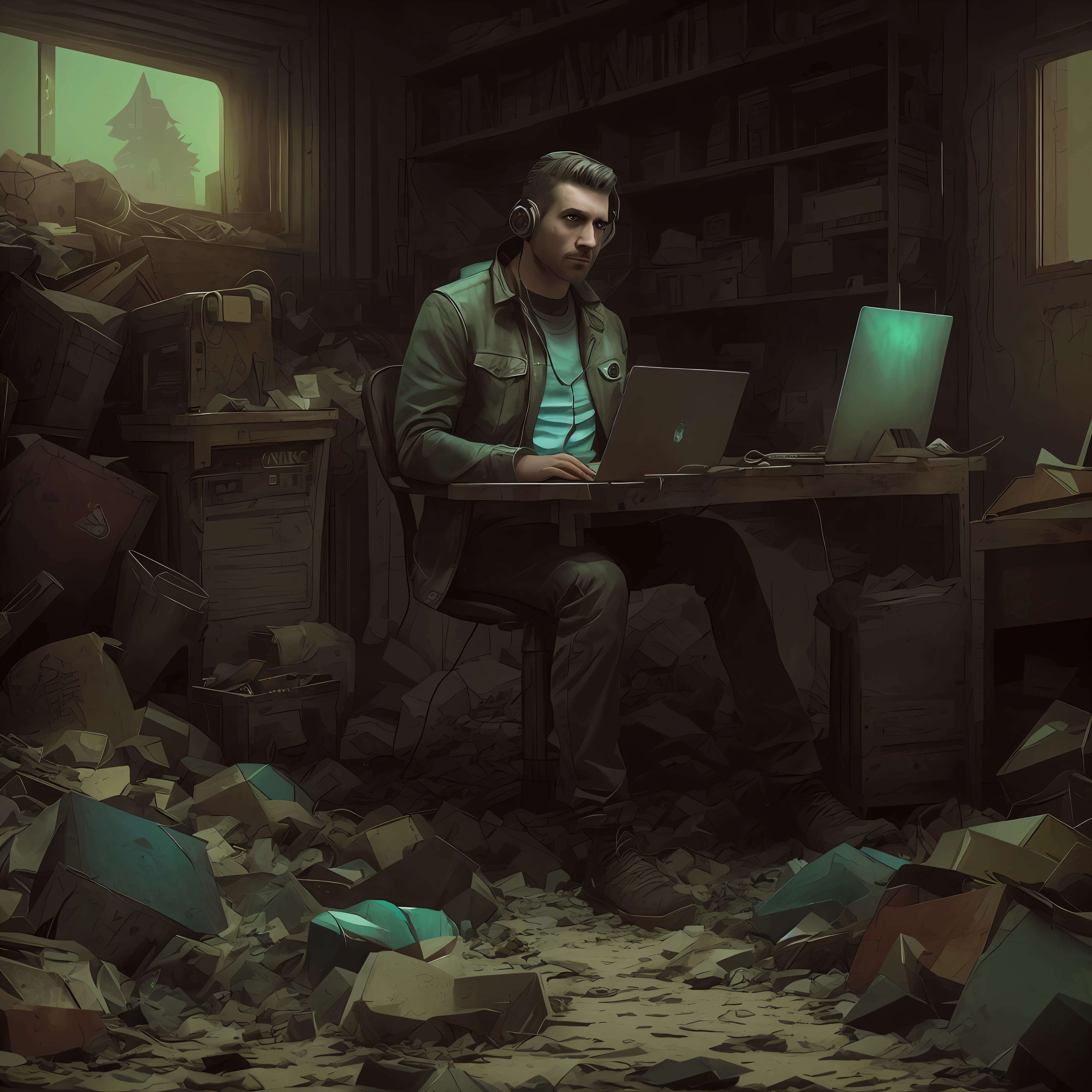 arafed man sitting in a messy room with a laptop computer, in a post apocalyptic setting, matte painting portrait shot, epic scene full of computers, environmental portrait, inspired by Chris LaBrooy, 3 d render beeple, in a cyberpunk setting, cinematic realistic photo, creative coder with a computer, creative photo manipulation, photo manipulation