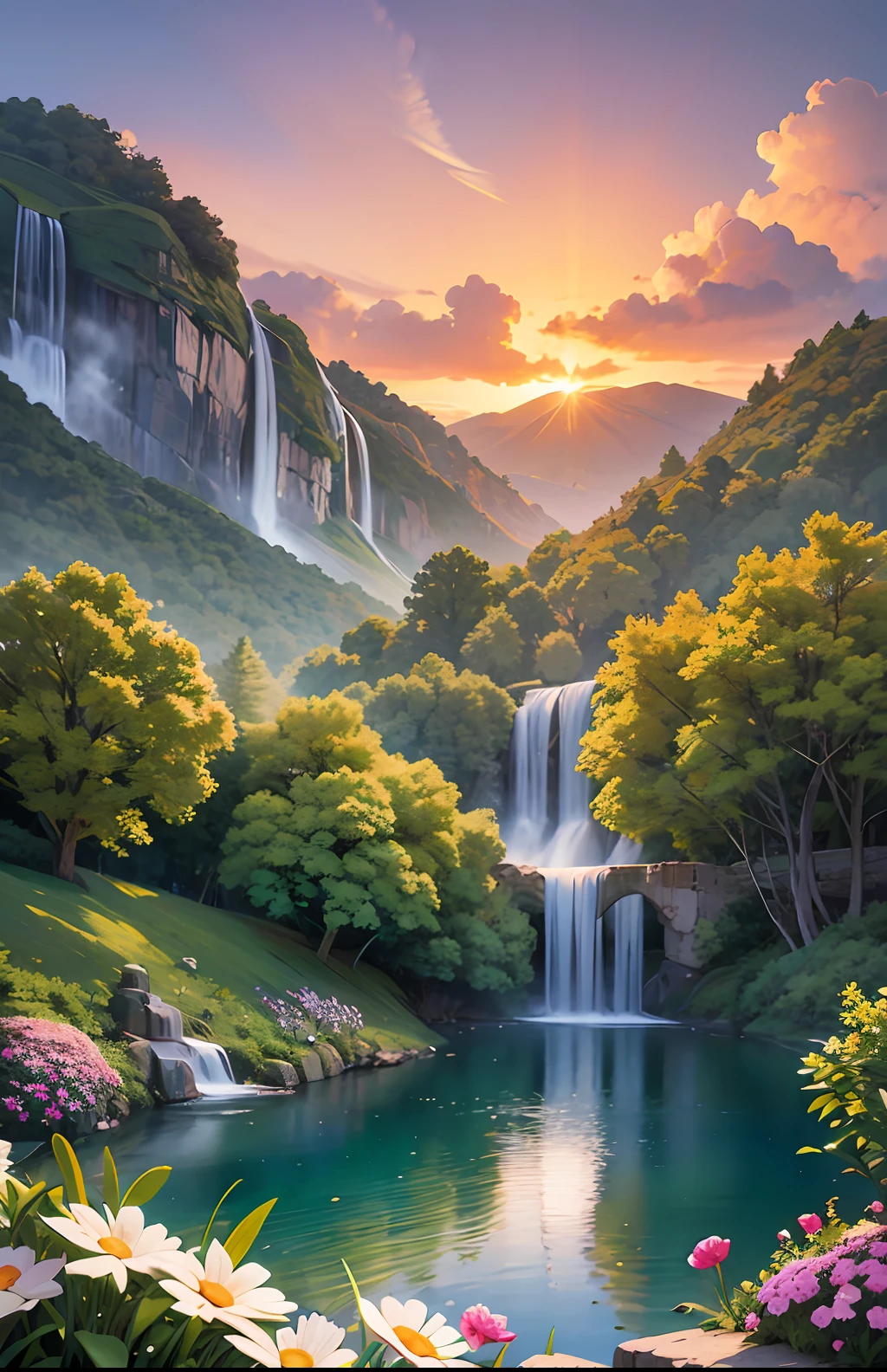 Landscape masterpiece, stunning nature, magnificent sunset in the style of wlop and alena aeinami, ultra-detailed digital painting, lake with sparkling waterfalls, colorful flowers delicately painted.
