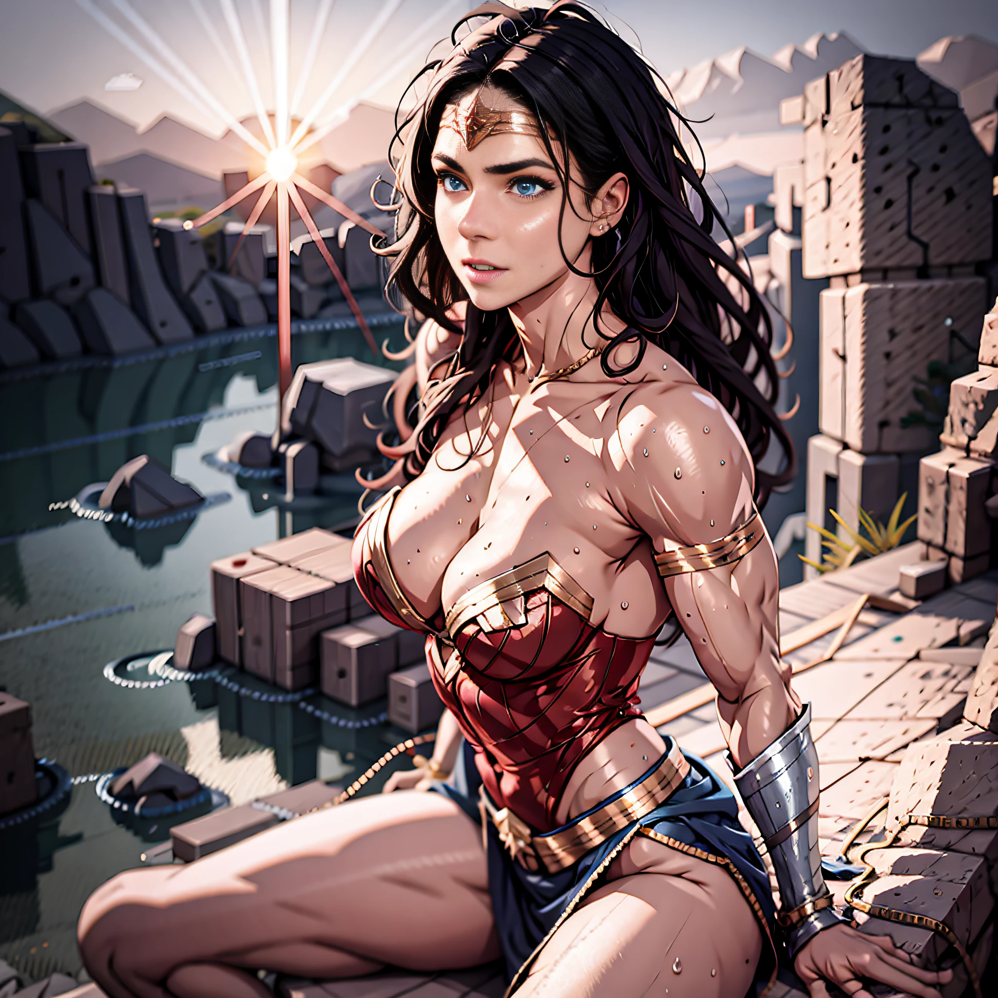 ((Full body photo, feet on the ground)). beautiful wonder woman, masculine, skimpy outfit, (rock climbing:1.1), (masterpiece, best quality), from side, sitting on mountain cliff edge, mountain climbing, 1girl, solo, Wonder Woman, (Intricate details, makeup), (Delicate and beautiful delicate face, Delicate and beautiful delicate eyes, perfectly proportioned face), (Glossy skin: 1.0), delicate skin, strong and realistic blue eyes, realistic black hair, lips, makeup, natural skin texture, tiara, jewelry, star \(symbol\), leotard, silver bracelet, red boots, golden belt, (public clothing: 1.5), bare shoulders, slightly sunburned, mature, sexy, elastic muscles, (muscles: 1.2), ((strong and healthy body)), ((((more) muscles))), long legs, curves, (big breasts: 1.3), ribs, thin waist, soft waist, (delicate skin), (beautiful and sexy woman), (swollen lips: 0.9), (eyelashes: 1.2), very delicate muscles, perfect body, perfect anatomy, perfect detail, perfect fingers, perfect limbs, (sweat:1.1), sunset, serious, heavy breathing, looking at viewer, mid climb, climbing mountain, masterpiece, high quality, highres, HDR, 8K absurdres, sunset, beautiful caustics, sweaty, struggle expression, looking at viewer, entire body in frame,