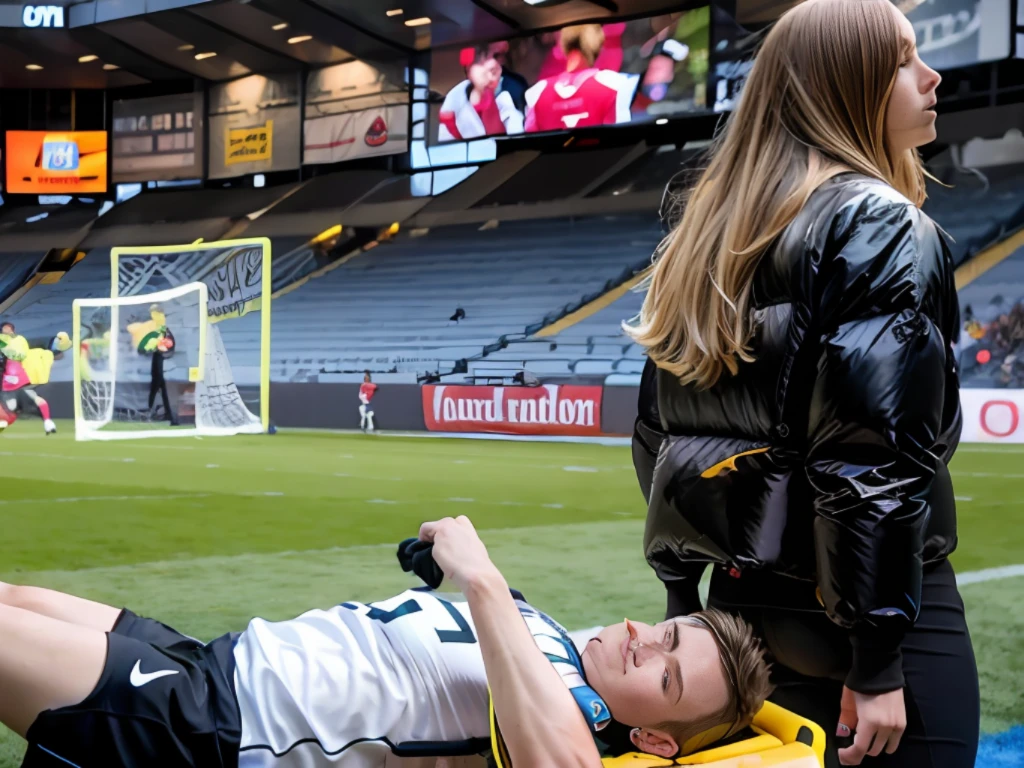 There is a young injured athlete lying on his back on a stretcher in a sports stadium after a foul, a highly attractive middle-aged woman wearing a high-gloss patent leather jacket, a long-haired middle-aged woman wears a high-gloss down jacket, A middle-aged woman in a shiny down jacket carries a stretcher on a sports field, ein junger sportler liegt auf einer bahre und bedeckt das schmerzverzerrte gesicht mit dem arm, A young injured athlete has put his arm over his face while lying on a stretcher, Traurige Szene, sehr traurig, football hooligans, Stadion-Clips, Person im Vordergrund, over-shoulder shot, Intensive Szene, Echter Schuss, von Francesco Raibolini, Dramatische Szene, aesthetic shot, auf dem Boden, Ein Weitschuss, Dramatischer Schuss, Atemberaubender Schuss, realistische Aufnahme, Schnappschuss
