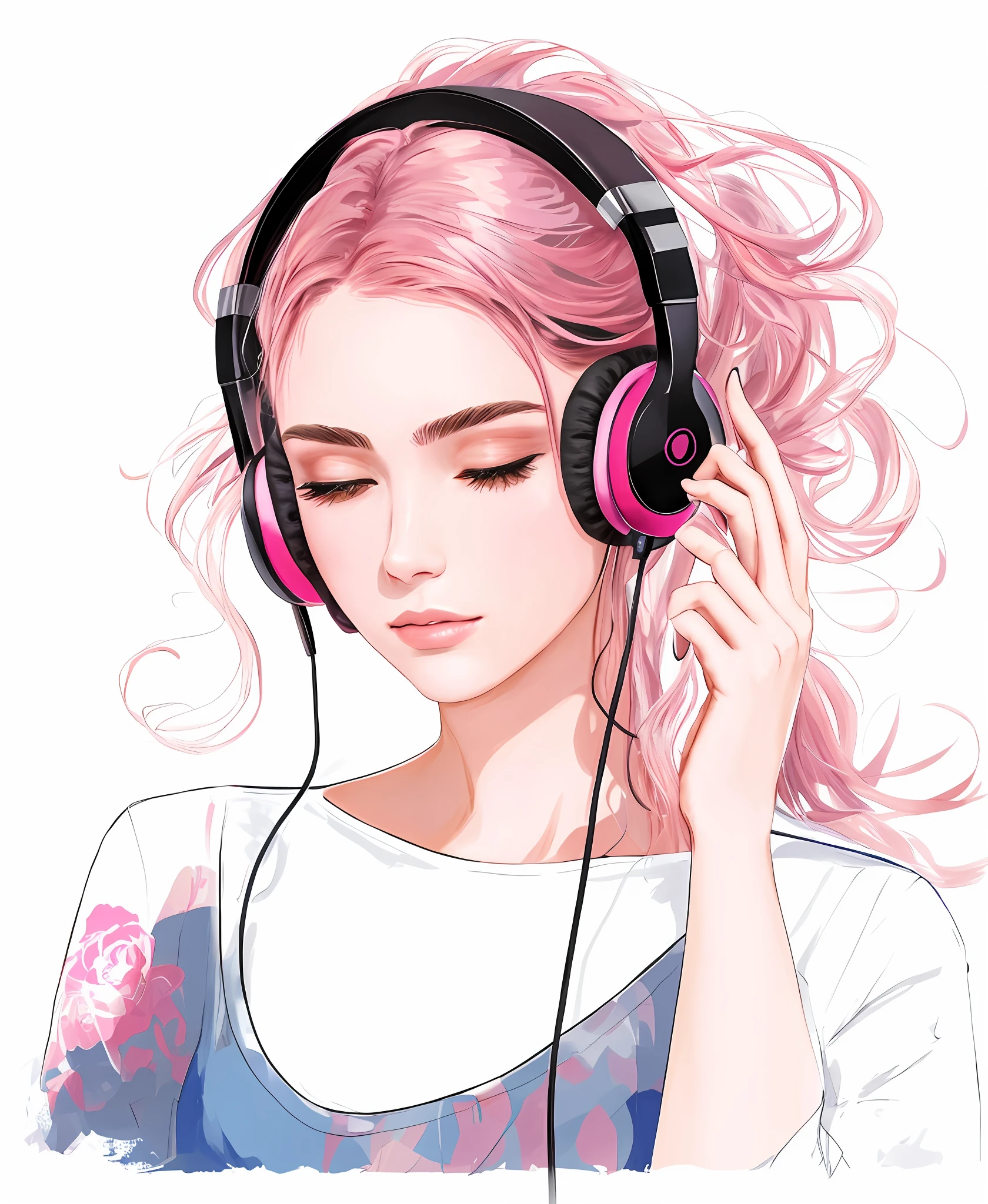 a close up of a woman with headphones on her head, Fones de ouvido rosa, com fones de ouvido, listening to music, com fones de ouvido, in style of digital illustration, menina usando fones de ouvido, vibing to music, extremely high quality artwork, exquisite digital illustration, arte de alta qualidade, Estilo de desenho bonito, imagem de arte digital, arte digital de alta qualidade, retrato de alta qualidade, menina cor-de-rosa, headphones on head