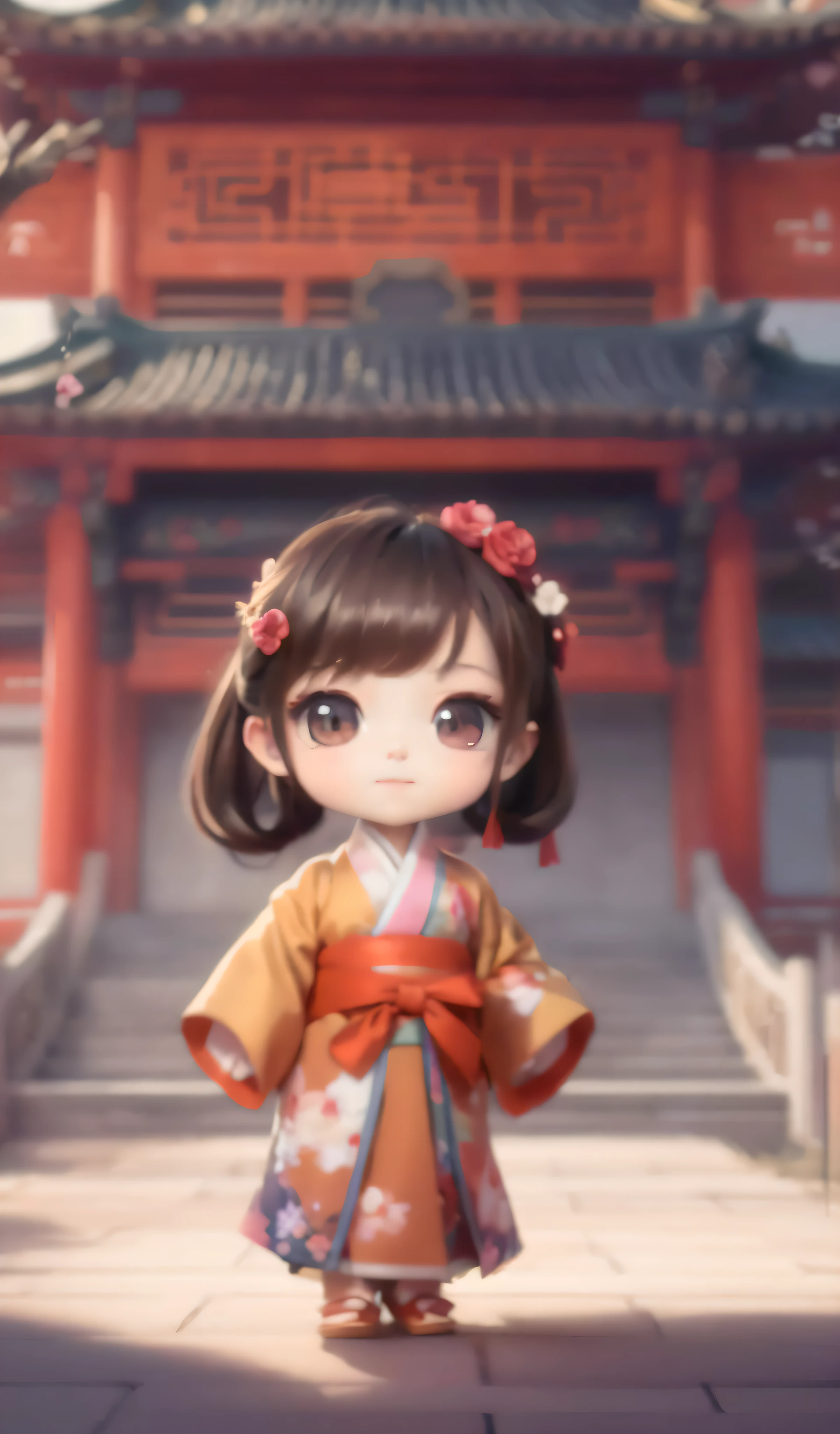 a cartoon girl in a kimono outfit standing in front of a building, royal palace , A girl in Hanfu, ancient chinese princess, Chinese princess, Stylized anime, onmyoji, onmyoji portrait, ancient asian dynasty princess, inspired by Pu Hua, kawaii realistic portrait, wearing ancient Chinese clothing, inspired by Lan Ying, inspired by Li Mei-shu