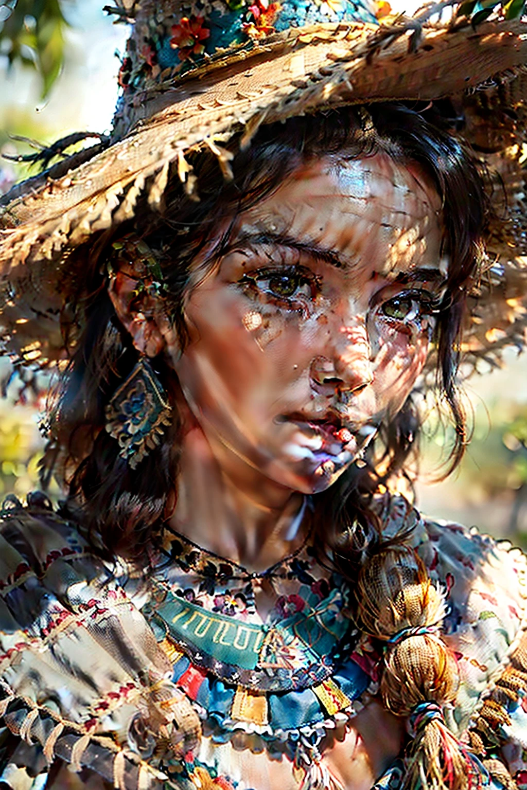 (extreme close up:1.5), (face focus:2),(Style of ???? ???:1.5),
((side face:2)),(1girl surrounded by soft_light:1.5), (backlighting:1.8), (lighting),(flowing fabric:1.3), ((Floral_summer_dress:1.5),(Straw_hat:1.3)),
(masterpiece), realistic, HDR, highly detailed, 8k, raw photo,
ambient occlusion, natural, harmonious composition, warm tones, fine art photography,