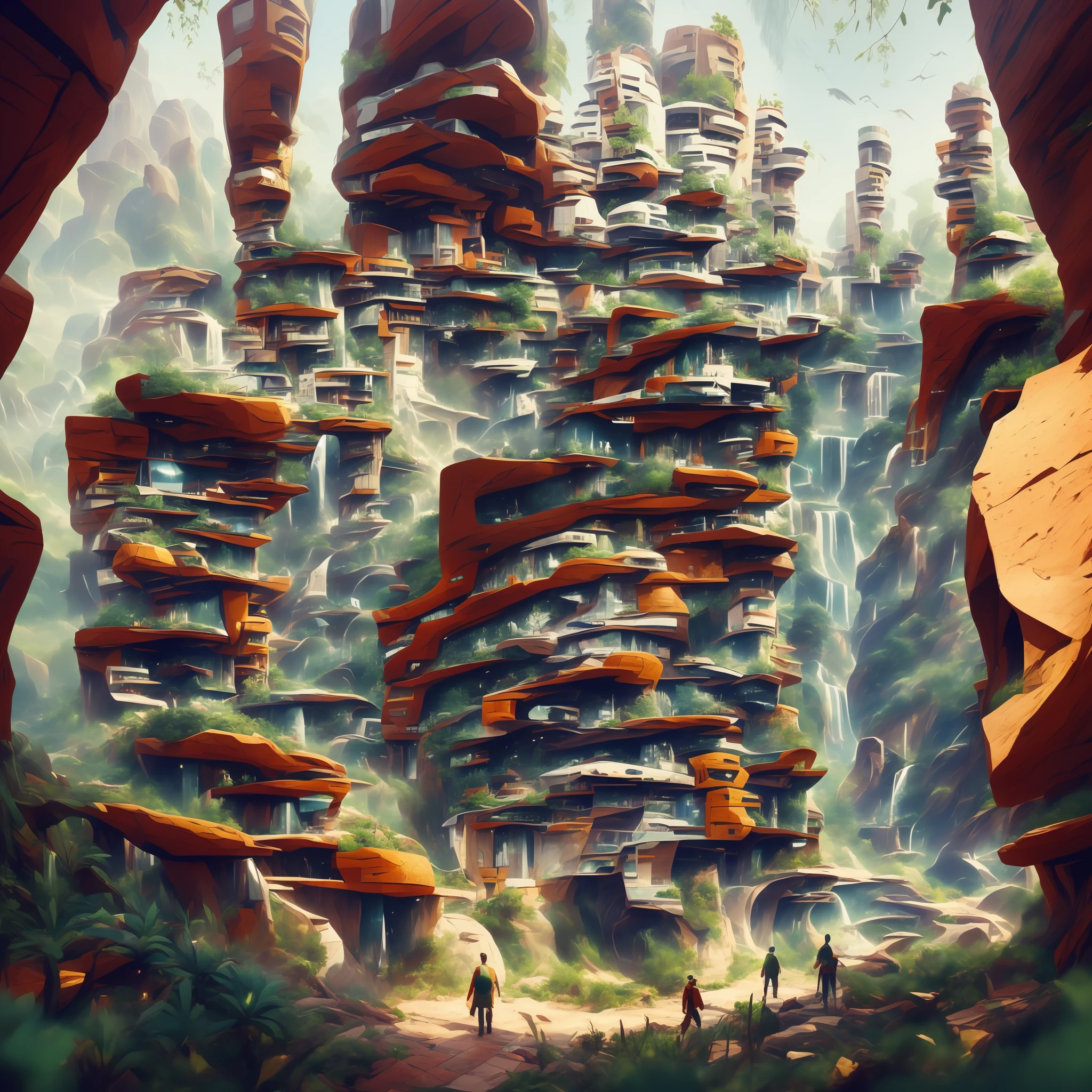 an awesome sunny cheerful day environment concept art of Futuristic design of cave architecture interiors concept art on grand Canyon caves nature architecture, proportional,detailed, cave architecture nature meets futuristic architecture on a rainforest jungle cliff with huge waterfalls,Crepuscular rays, nature meets modern architecture in the style of Aries Moross, Rem Koolhaas,Daniel Libeskind, Jean Nouvel, Paolo Soleri,Toyo Ito and Philip Johnson with Dry brush drawing style ,Chiaroscuro village,cliff side residential area, mixed development,nature architecture,bright colors,high rise made up staircases, balconies, full of glass facades,carved from rocks, masterpiece, proportional, detailed, trending on artstation, beautiful lighting, realistic, intricate