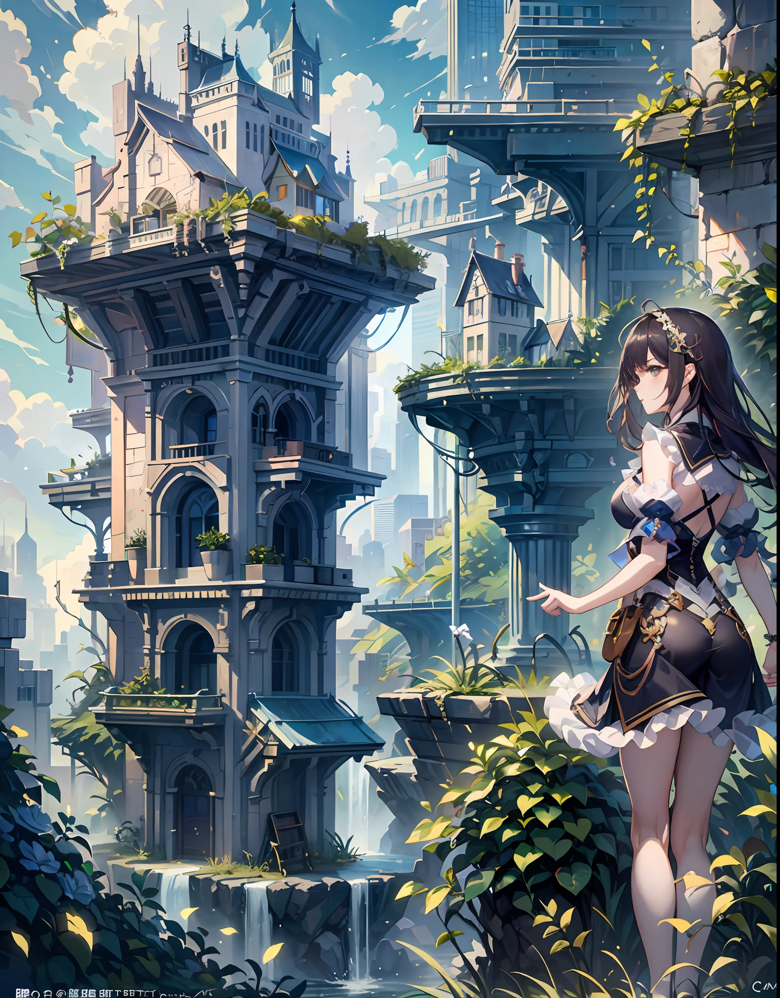 (Garden-like city below:1.4),(The high-rises of the future crisscross the sea:1.2),(Beautiful girl standing on the edge of the waterfall),(((Masterpiece))),(((Best quality))),((Ultra-detailed))((Extremely detailed CG)),((16k wallpaper))((An extremely delicate and beautiful)),{Photorealistic},Full body, Detailed light,full bloom,,,A masterpiece from the Canon EOS R6 shooting,((杰作)) ,cinematiclight,Unreal Engine 5,the creamy smooth skin,underbust,Overlooking,Extreme vistas