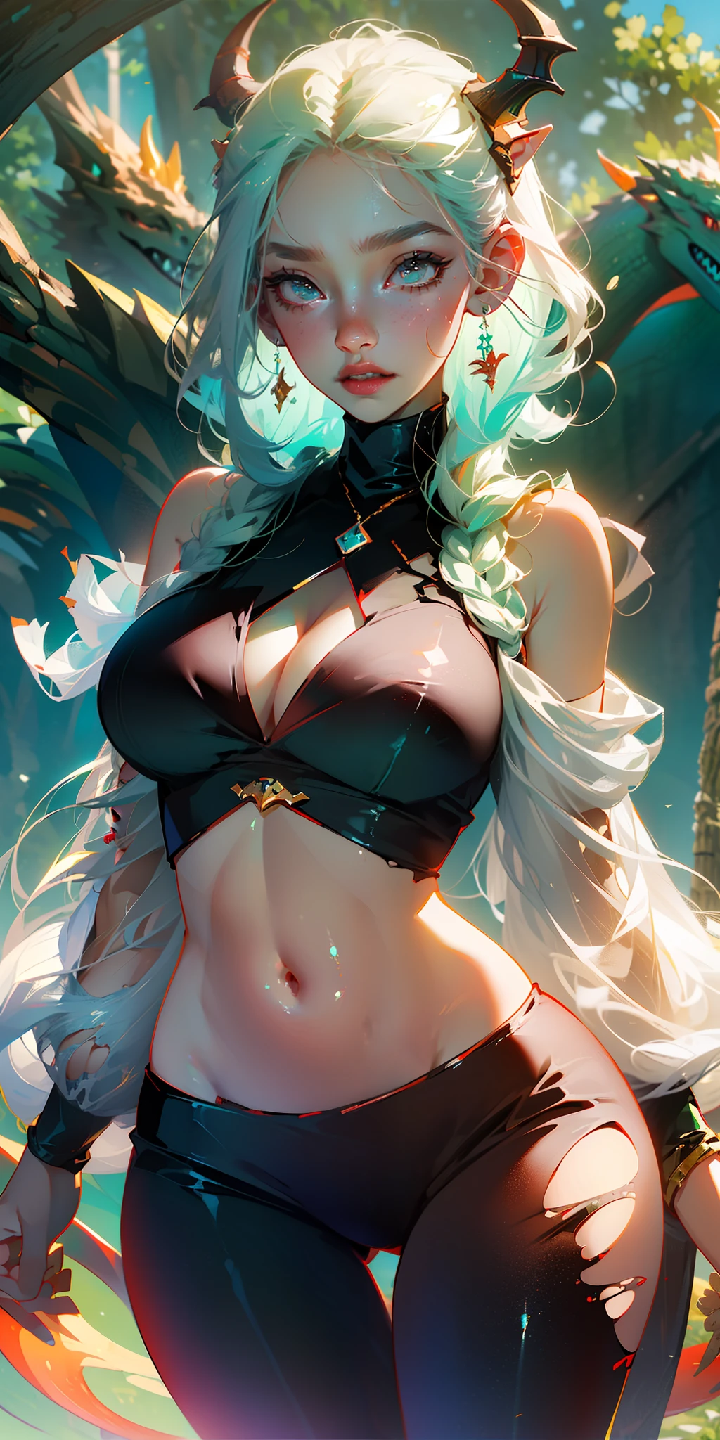 ((masterpiece)), ((best quality)), ((anime profile style)), ((HD 4k)), ((anime character)), ((sweating body)), girl, female face , happy, ((flushed)), ((dragon horns on head)), smiling, mouth, lips, ((teeth showing)), light skin, ((dragon eyes)), eyelid, pupil, sclera, iris , eyebrow, eyelashes, ear, nose, ((hair in white red colors)), neck, shoulders, ((white shirt)), (thin waist), ((torn pants)), ((perfect belly)), arms , ((thick legs)), ((big thigh)), background scenery, ((in the park)), beautiful day, sun, clouds, beautiful view, ((people out of focus in the background)), viewer view