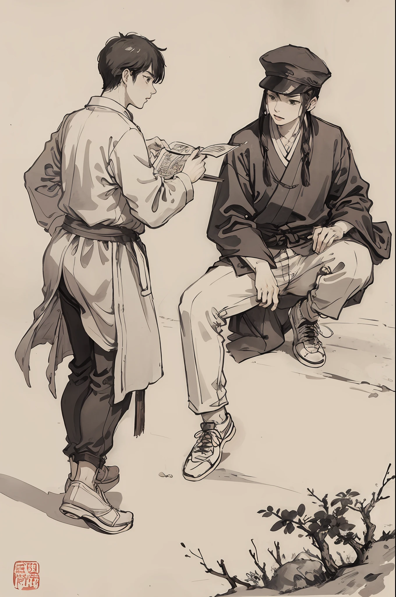 (杰作,best qualitiy:1.2),chinese traditional ink painting,Two boys and a monkey