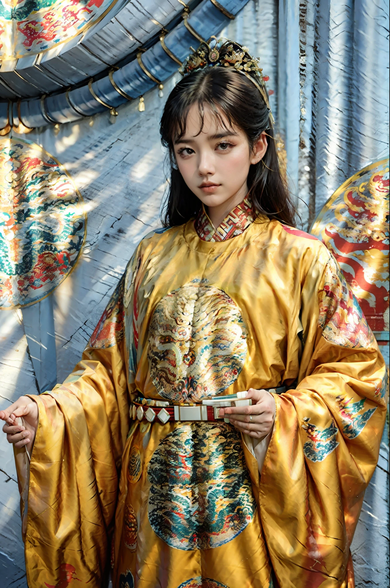 1girls, Long hair, yellow dragon_kaftan, inside the house, Masterpiece, Best quality, Photorealistic, ancient eastern palace,  inside Forbidden City,