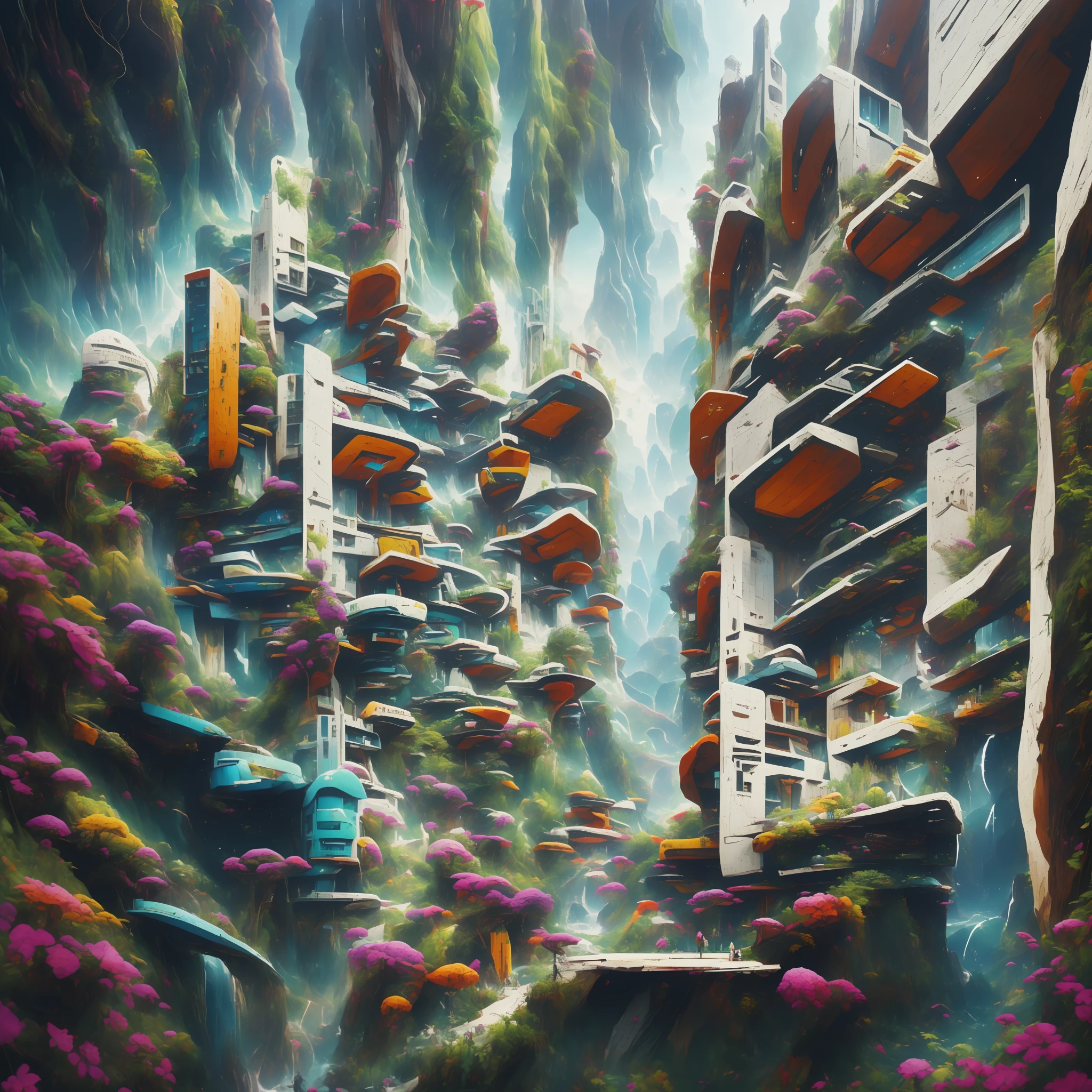 an awesome sunny cheerful day environment concept art of Futuristic design of cave architecture interiors concept art on grand Canyon caves nature architecture, proportional,detailed, cave architecture nature meets futuristic architecture on a rainforest jungle cliff with huge waterfalls,Crepuscular rays, nature meets modern architecture in the style of Aries Moross, Rem Koolhaas,Daniel Libeskind, Jean Nouvel, Paolo Soleri,Toyo Ito and Philip Johnson with Dry brush drawing style ,Chiaroscuro village,cliff side residential area, mixed development,nature architecture,bright colors,high rise made up staircases, balconies, full of glass facades,carved from rocks, masterpiece, proportional, detailed, trending on artstation, beautiful lighting, realistic, intricate