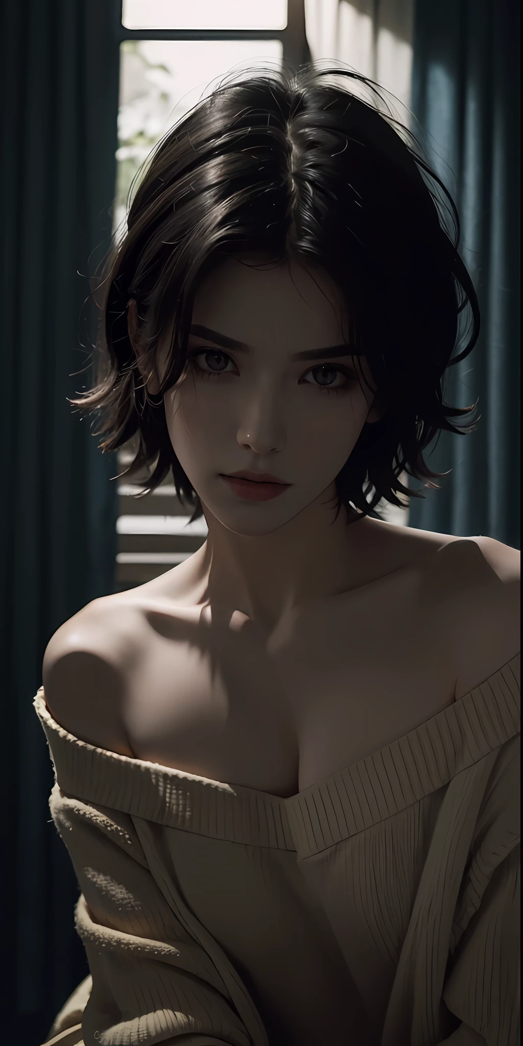 (best illumination, best shadow, extremely high resolution), (realistic:1.5), photo, (sexy look:1.2), female model with off-shoulder top, (dark ambiance:1.3), deep shadow, cold color temperature, (short hair:1.2).