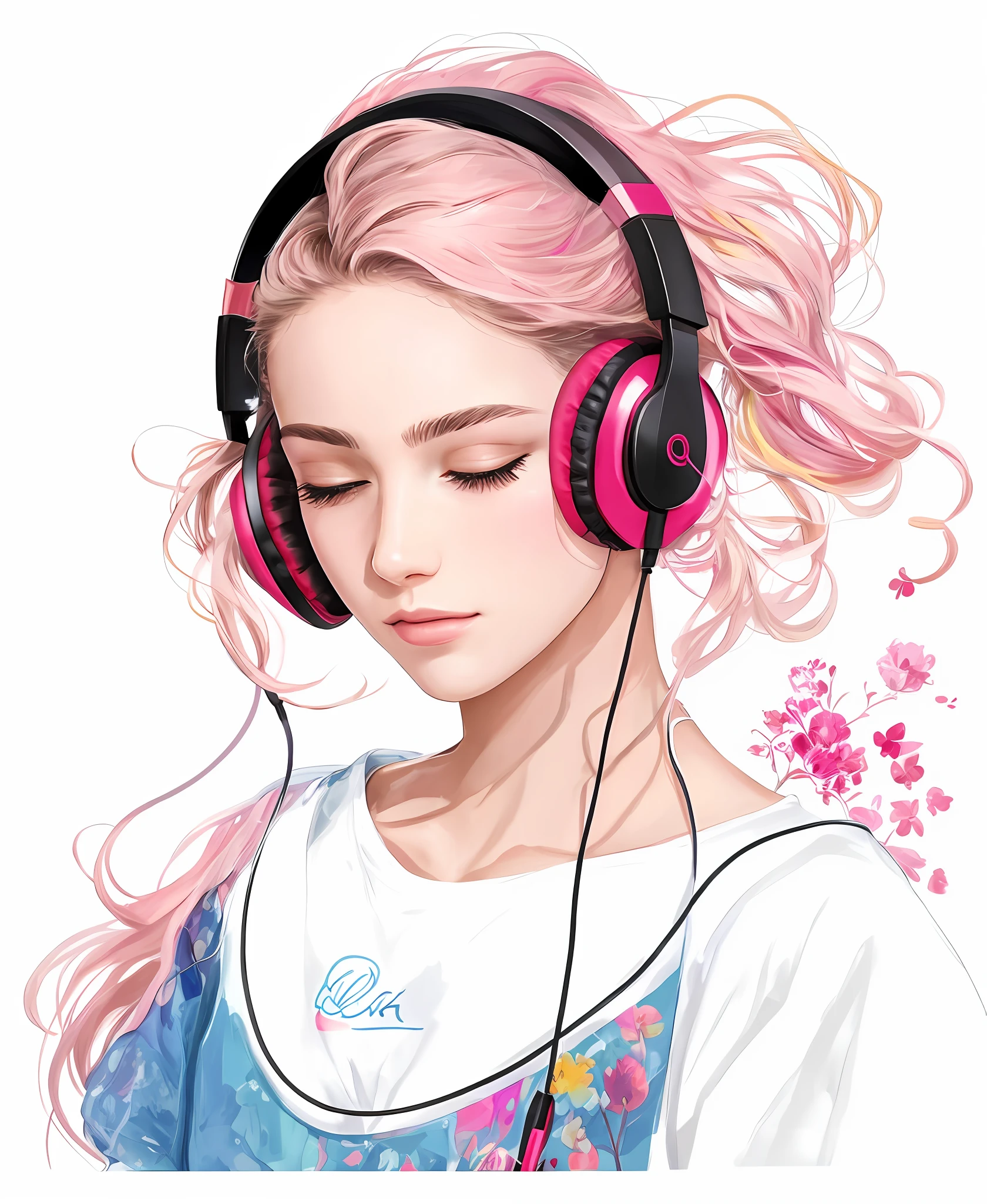 a close up of a woman with headphones on her head, Fones de ouvido rosa, com fones de ouvido, listening to music, com fones de ouvido, in style of digital illustration, menina usando fones de ouvido, vibing to music, extremely high quality artwork, exquisite digital illustration, arte de alta qualidade, Estilo de desenho bonito, imagem de arte digital, arte digital de alta qualidade, retrato de alta qualidade, menina cor-de-rosa, headphones on head
