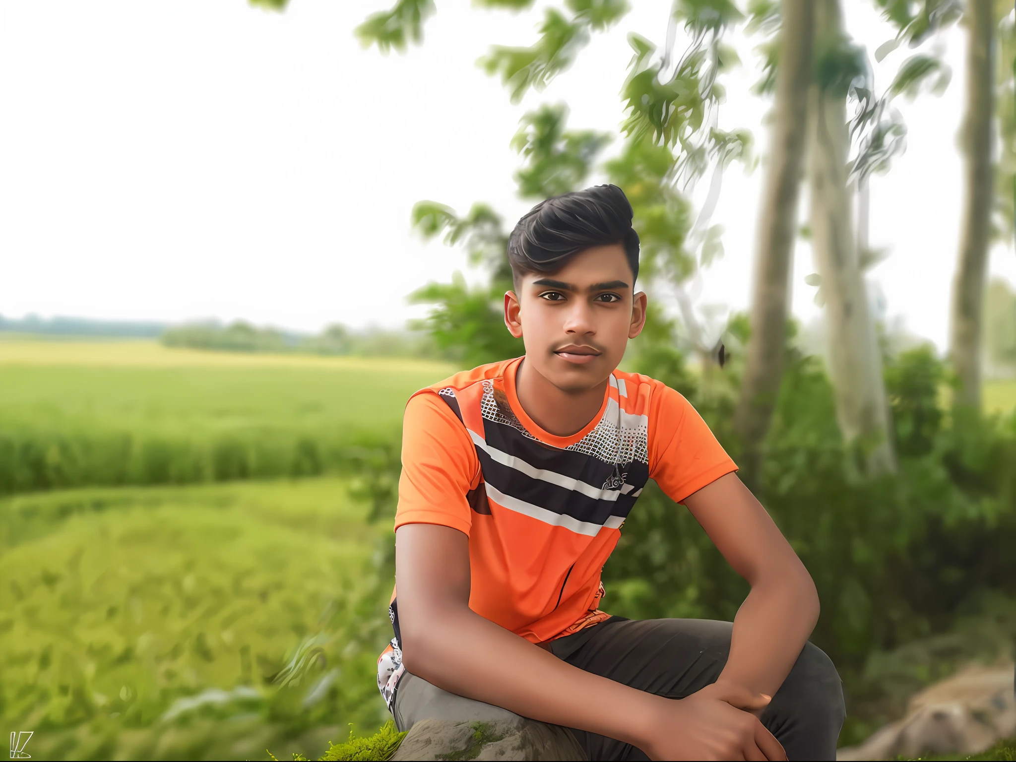 there is a young man sitting on a rock in a field, in front of a forest background, amidst nature, shot on nikon z9, photograpgy, with accurate face, very very low quality picture, taken with sony alpha 9, very clear picture, photo taken with canon 5d, ayan nag, scenary, candid picture, with trees