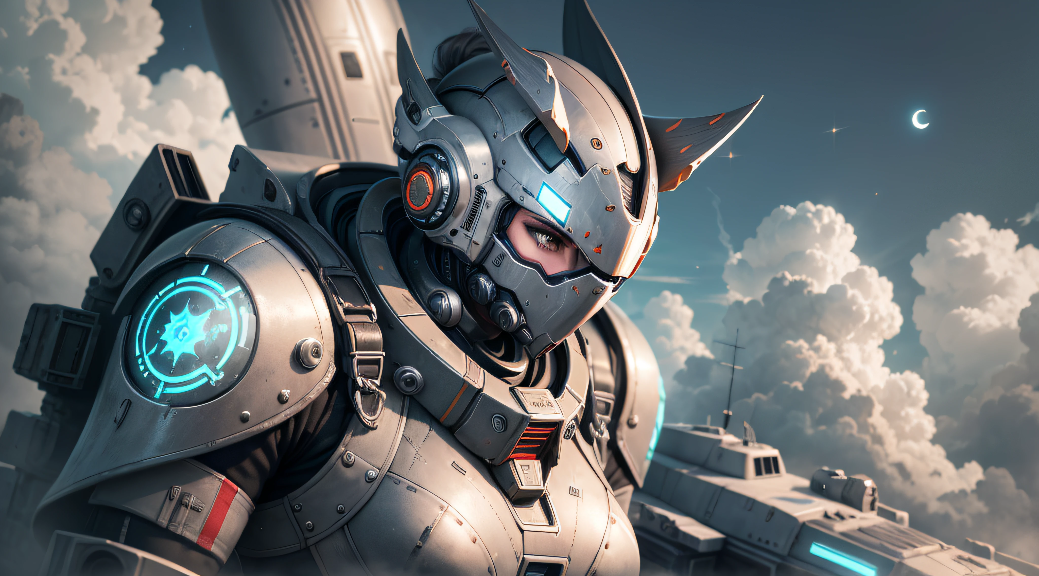 Marine space, Martelo 40,000, mundo em guerra, linda mulher cyberpunk com armadura mecha master chef halo muito detalhado, Warframe mecha, cores vibrantes, vermelho, branco, azul, verde, metallic yellow, enferrujada, desgastada, sujo de sangue, with sky with clouds and full moon and battleships, corpo inteiro com armadura detalhada, campo de batalha sangrento,