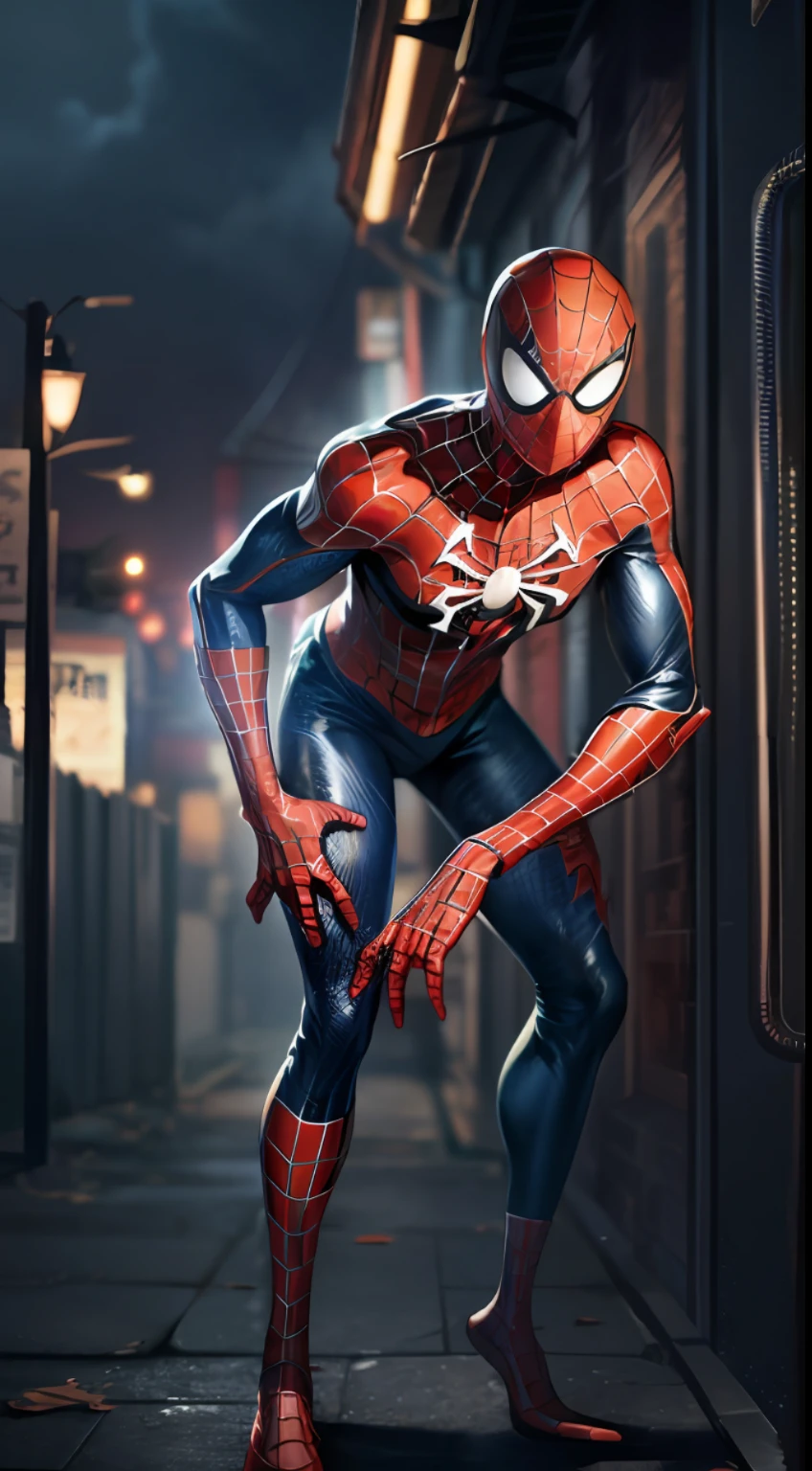 (Delicate and Detailed CG illustration wallpaper, masterpiece quality), zombie horror theme, Spider-Man (1), decayed skin, bloody injury, torn suit, broken webs, dark alley, night time, fog, haunting atmosphere.