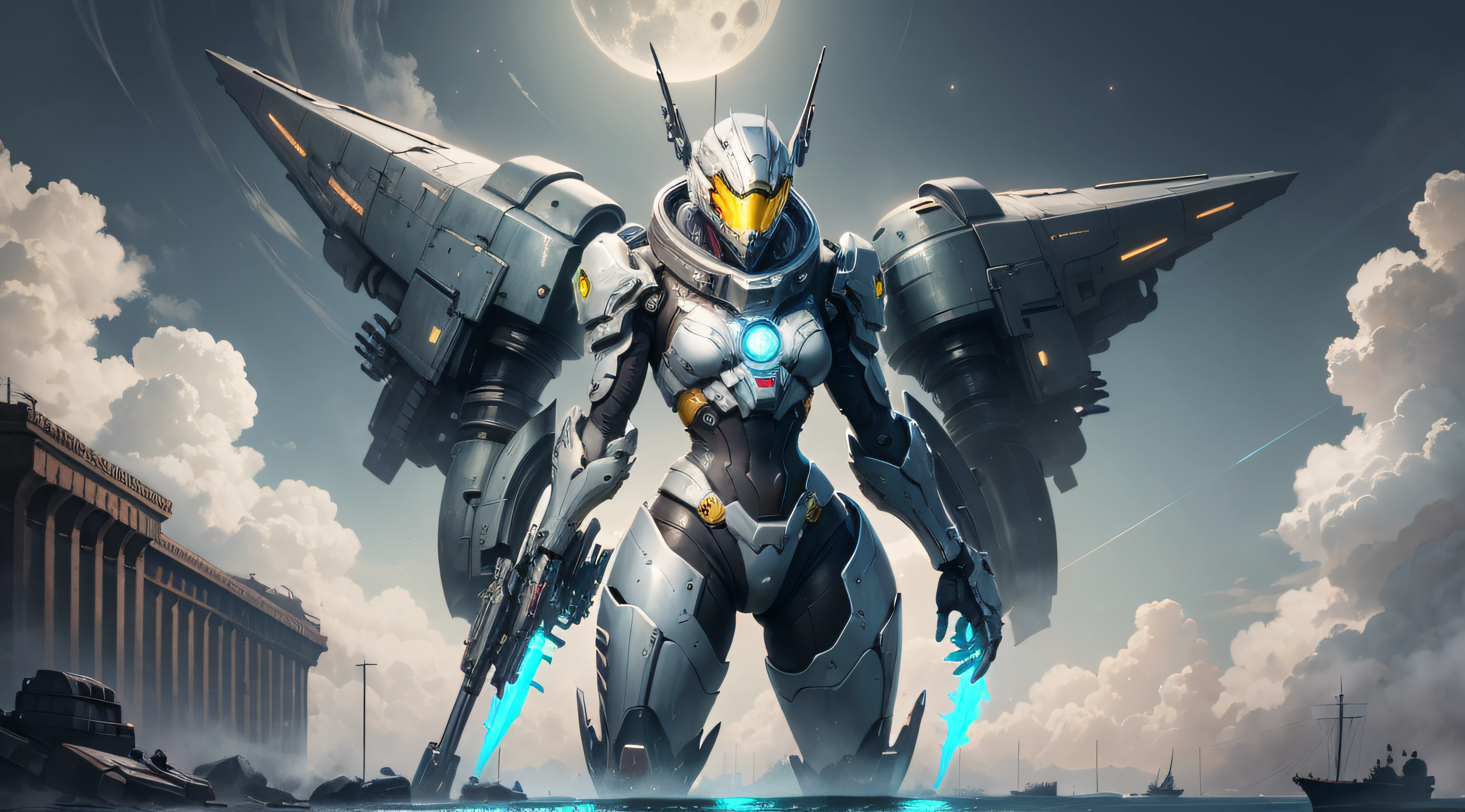 Marine space, Martelo 40,000, mundo em guerra, linda mulher cyberpunk com armadura mecha master chef halo muito detalhado, Warframe mecha, cores vibrantes, vermelho, branco, azul, verde, metallic yellow, enferrujada, desgastada, sujo de sangue, with sky with clouds and full moon and battleships, corpo inteiro com armadura detalhada, campo de batalha sangrento,