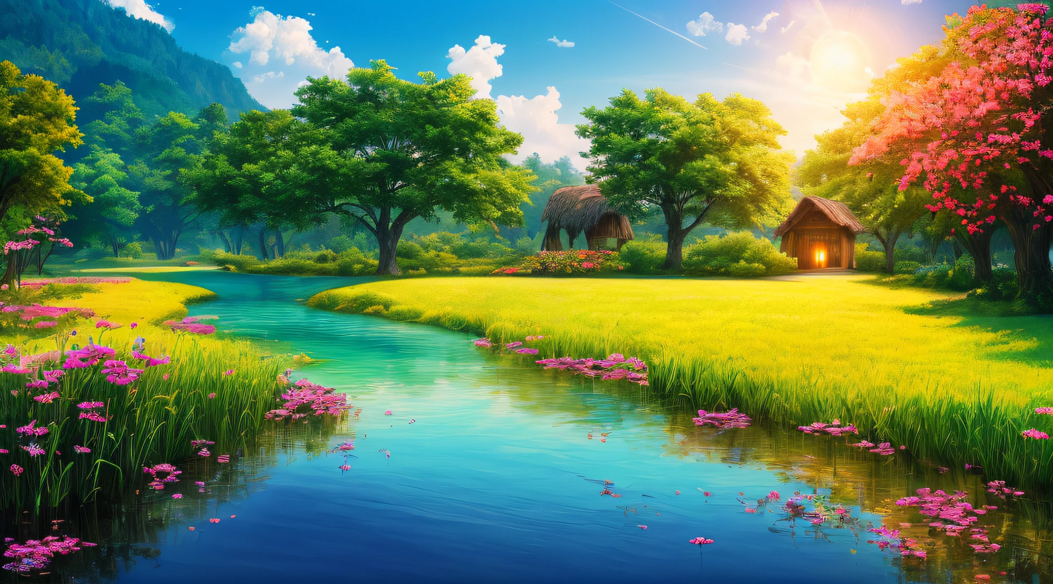 masterpiece, best quality, high quality, extremely detailed CG unity 8k wallpaper, An extremely colorful and purely fantasy environment with vibrant hues and a bright sky, landscape of bright green grass, colorful trees, glittering fruits, and bright blue flowers. The streams are a deep shade of blue, and the air is filled with sweet exotic scents. The environment appears to be taken out of a dream, with luminescent butterflies and giant colorful birds flying around, award winning photography, Bokeh, Depth of Field, HDR, bloom, Chromatic Aberration ,Photorealistic,extremely detailed, trending on artstation, trending on CGsociety, Intricate, High Detail, dramatic, art by midjourney