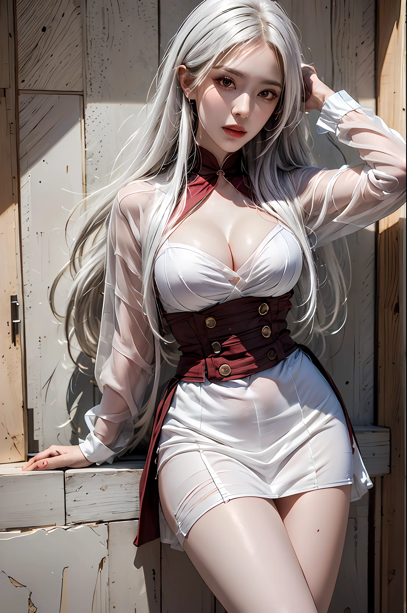 best quality, masterpiece, ultra-detailed, detailed light, (RAW photo:1.2), (photorealistic:1.4),(masterpiece:1.3),(best quality:1.4), 1girl, solo, waist up, white hair, long hair, red dress, fashion accessory