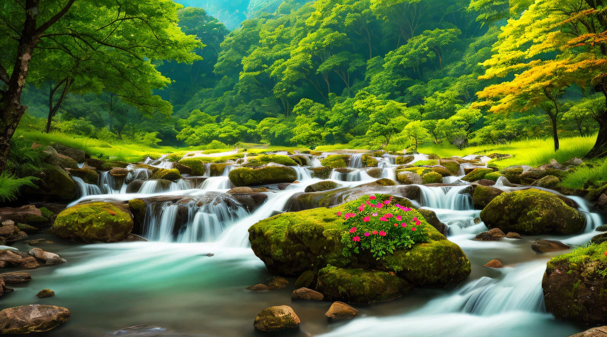 masterpiece, best quality, high quality, extremely detailed CG unity 8k wallpaper, An extremely colorful and purely fantasy environment with vibrant hues and a bright sky, landscape of bright green grass, colorful trees, glittering fruits, and bright blue flowers. The streams are a deep shade of blue, and the air is filled with sweet exotic scents. The environment appears to be taken out of a dream, with luminescent butterflies and giant colorful birds flying around, award winning photography, Bokeh, Depth of Field, HDR, bloom, Chromatic Aberration ,Photorealistic,extremely detailed, trending on artstation, trending on CGsociety, Intricate, High Detail, dramatic, art by midjourney