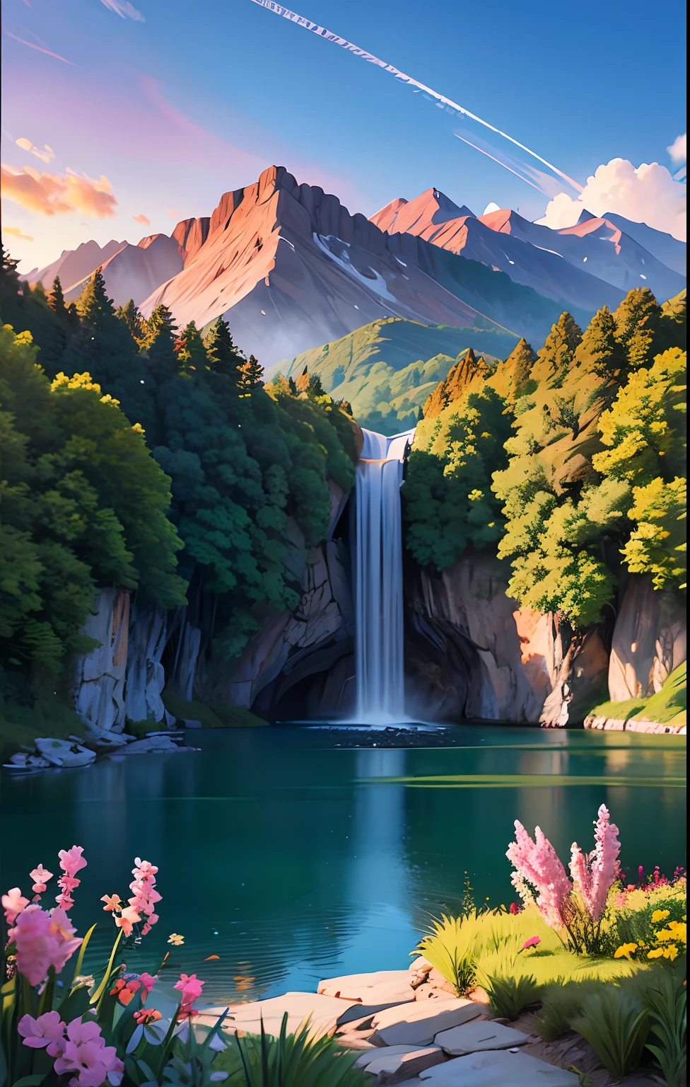 Landscape masterpiece, stunning nature, magnificent sunset in the style of wlop and alena aeinami, ultra-detailed digital painting, lake with sparkling waterfalls, colorful flowers delicately painted.