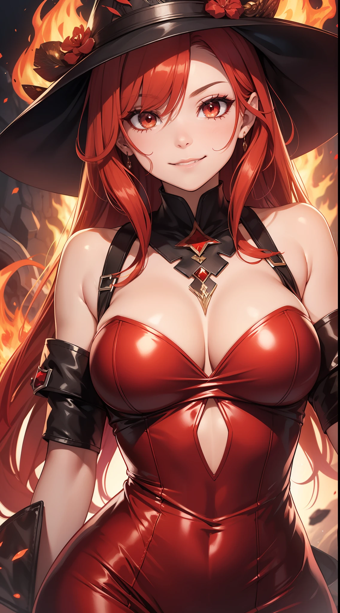 Adult woman, long bright red fiery hair, bright red fiery eyes, bright red fire dress, Tentacles made of magma, smirk, The Masterpiece, hig quality