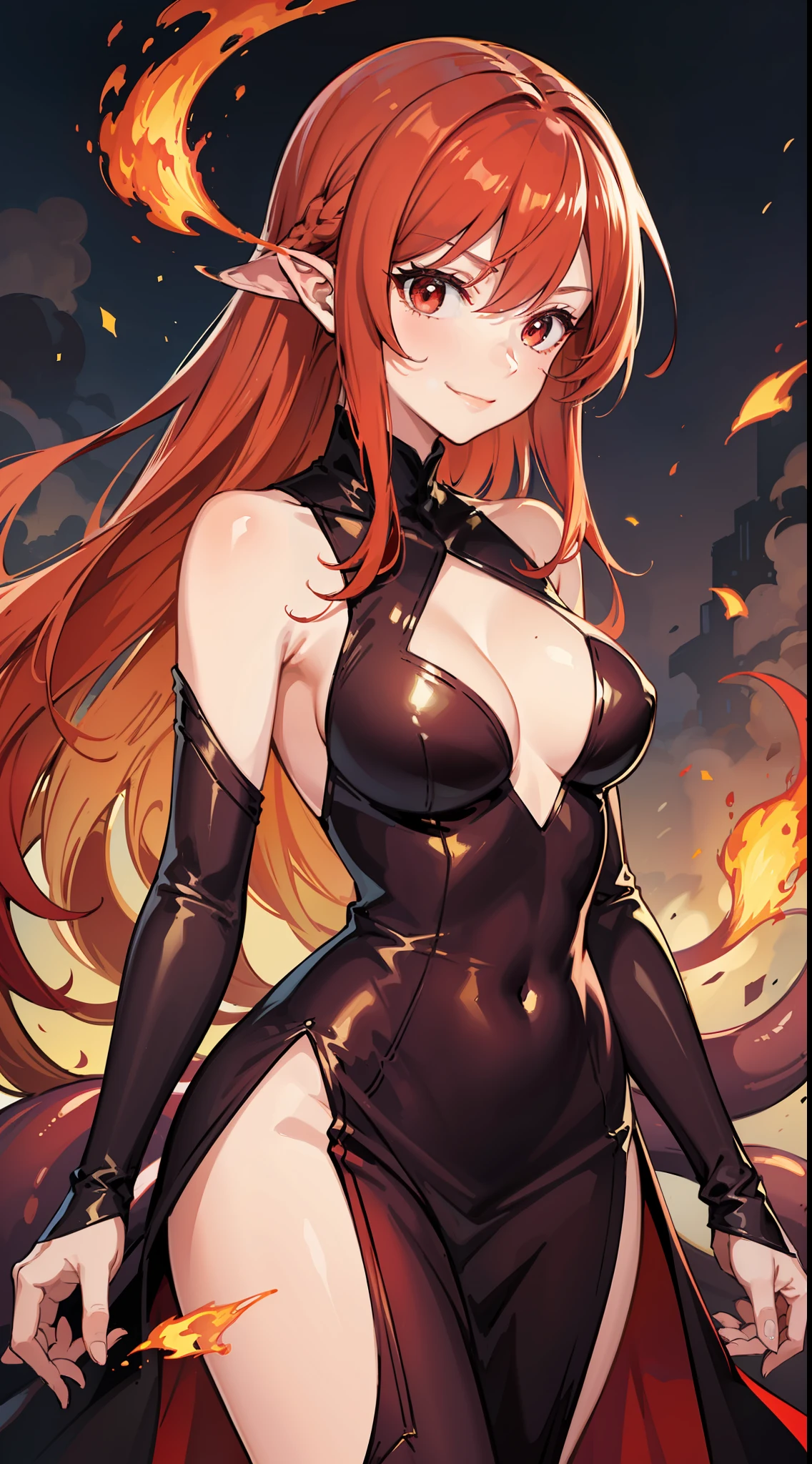 Adult woman, long bright red fiery hair, bright red fiery eyes, bright red fire dress, Tentacles made of magma, smirk, The Masterpiece, hig quality