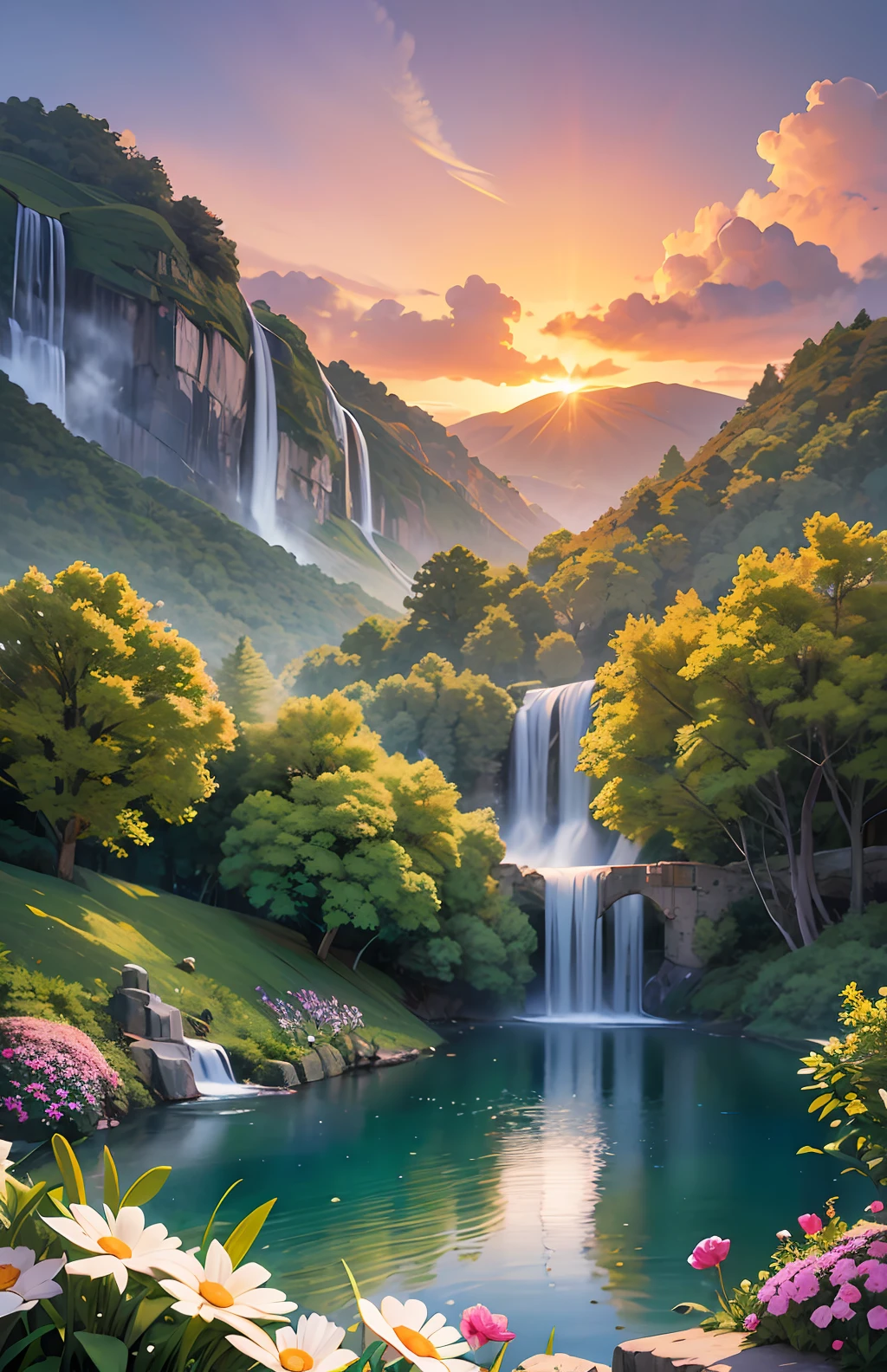 Landscape masterpiece, stunning nature, magnificent sunset in the style of wlop and alena aeinami, ultra-detailed digital painting, lake with sparkling waterfalls, colorful flowers delicately painted.
