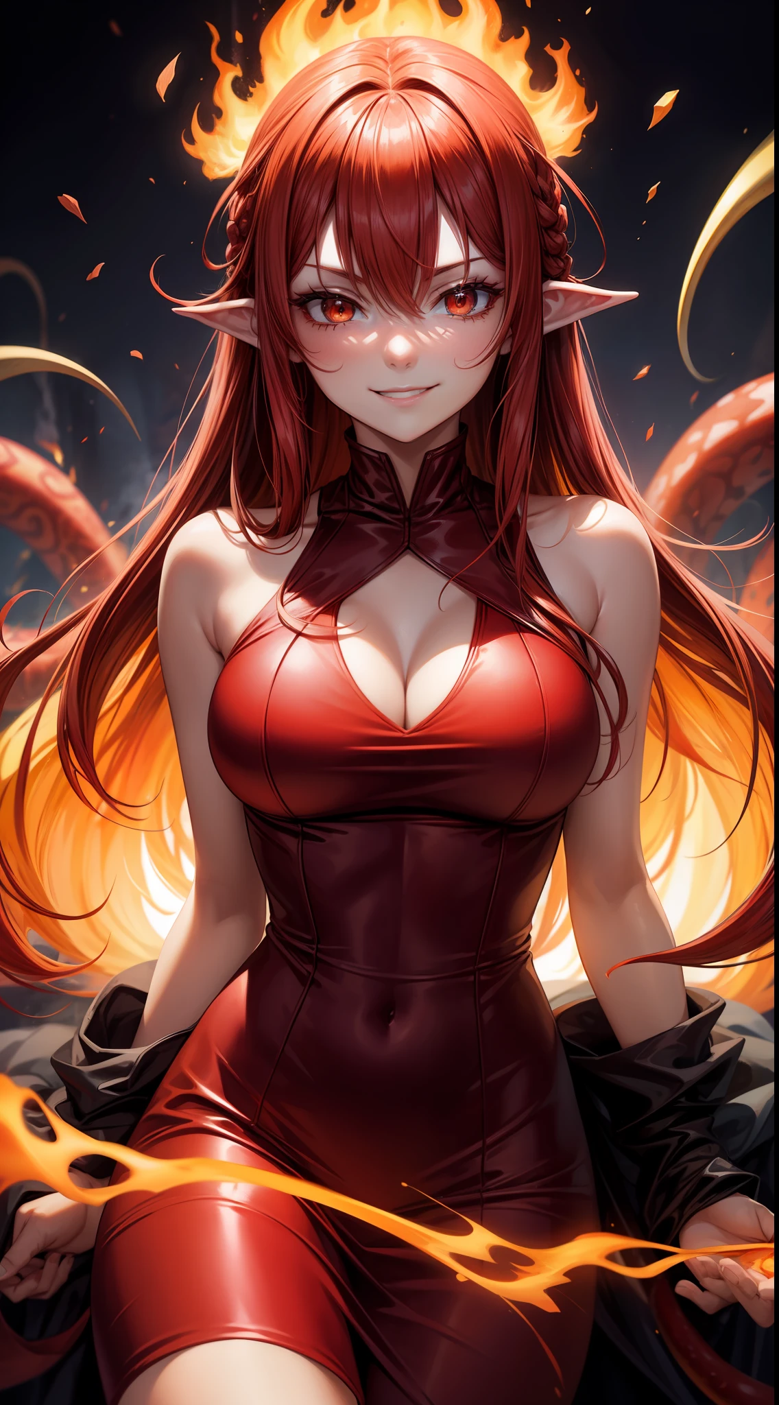 Adult woman, long bright red fiery hair, bright red fiery eyes, bright red fire dress, Tentacles made of magma, smirk, The Masterpiece, hig quality