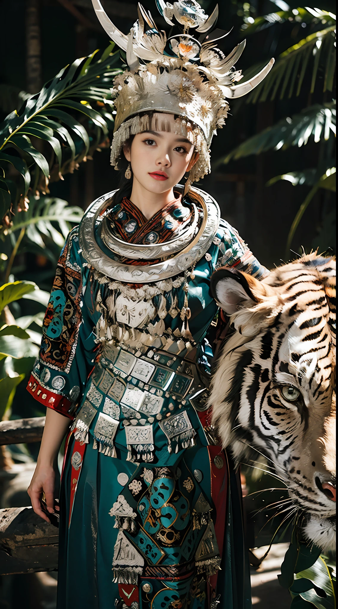raw photo,ultra realistic,(masterpiece, 8k uhd, HDR, extremedetailed, intricate details, best quality, professional, vividcolors),
(1girl wearing costume and riding on a a white tiger inJungle),Reins,(Traditional headwear:1.2),
((Jungle scapel),looking at viewer,dutch angle,