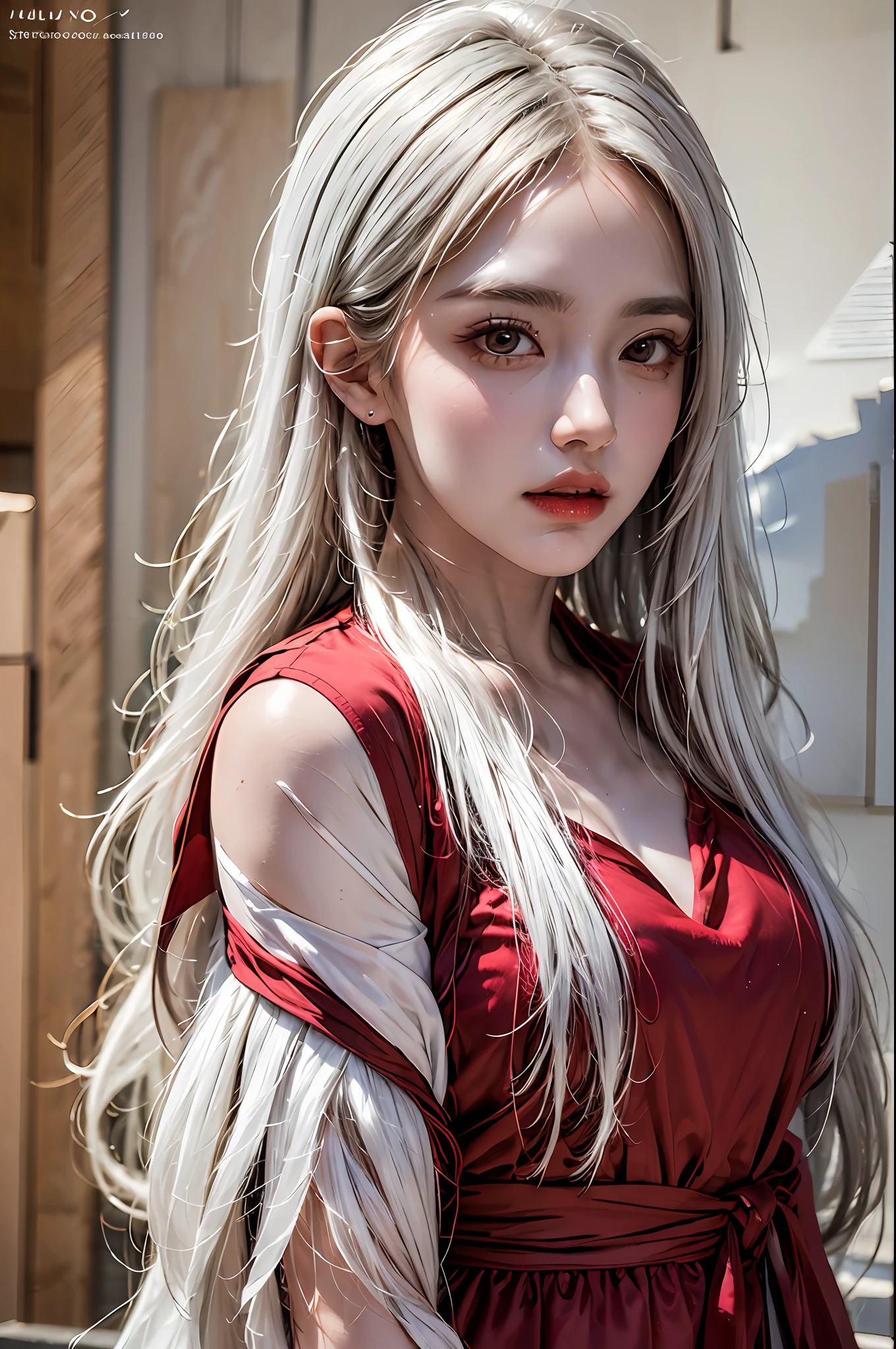 best quality, masterpiece, ultra-detailed, detailed light, (RAW photo:1.2), (photorealistic:1.4),(masterpiece:1.3),(best quality:1.4), 1girl, solo, waist up, white hair, long hair, red dress, fashion accessory