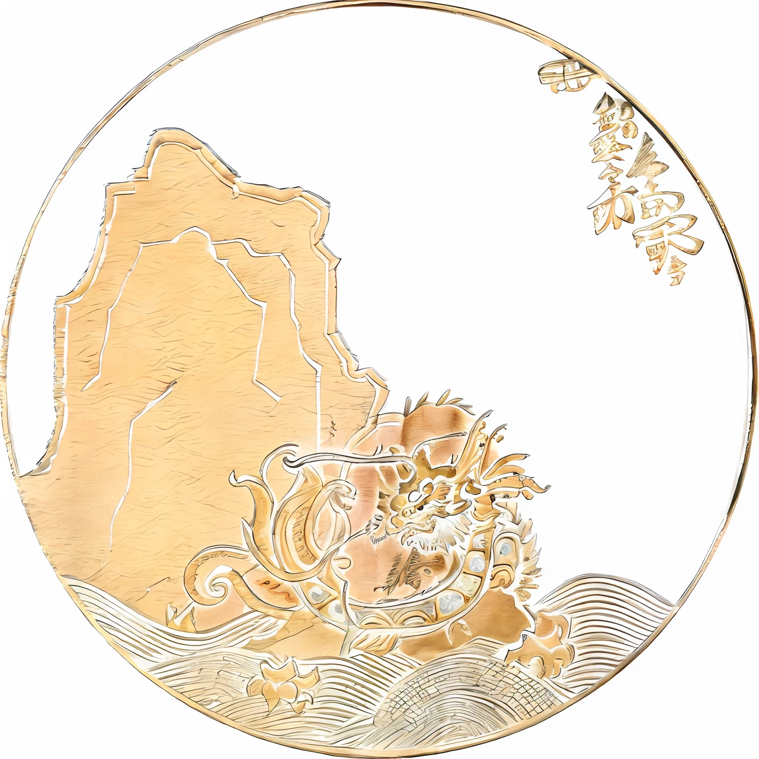 A close-up of a gold coin，There is a bird on it, inspired by Hanabusa Itchō II, Chine, chinese dragon engrave, inspired by Tawaraya Sōtatsu, inspired by Yamamoto Shōun, inspired by Kanō Motonobu, inspired by Shūbun Tenshō