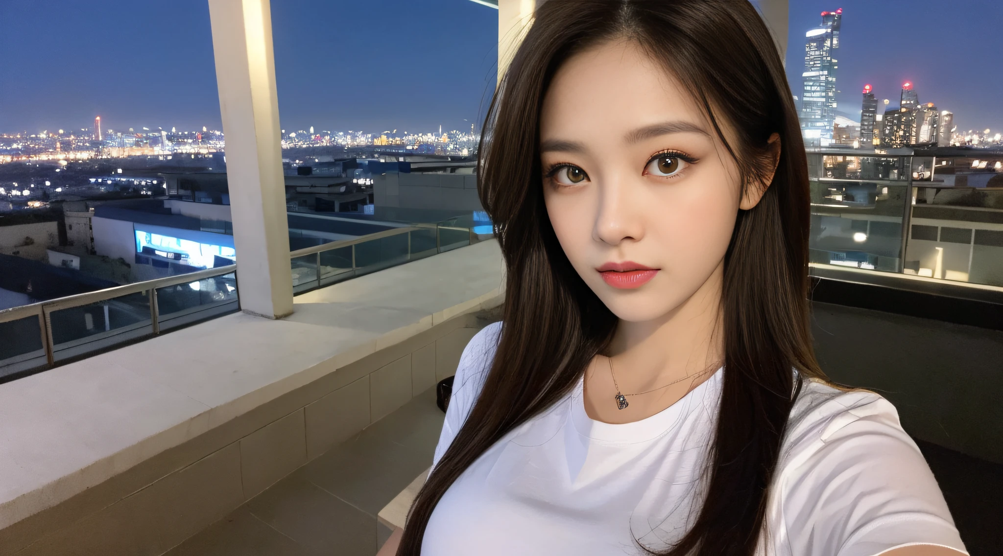 ((Midnight, Best quality, 8k, Masterpiece :1.3)), Whole body, Long legs, Sharp focus :1.2, A pretty woman with perfect figure :1.4, Slender abs :1.1, ((Dark brown hair, Big breasts :1.2)), (White tight tshirt, Jean bib, Standing:1.2), ((Night city view, Rooftop:1.3)), Highly detailed face and skin texture, Detailed eyes, Double eyelid