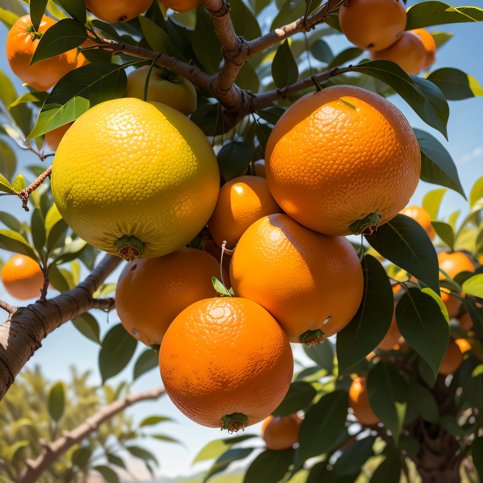 Be authentic，Ripe orange fruits hang from trees，Orange trees grow on the hillsides，Lots of fruit on the tree，Huang Cancan，Bent the branches down，It is the season when oranges ripen，Miles of orange groves，Like a dressed girl ，realistically，high-definition --auto