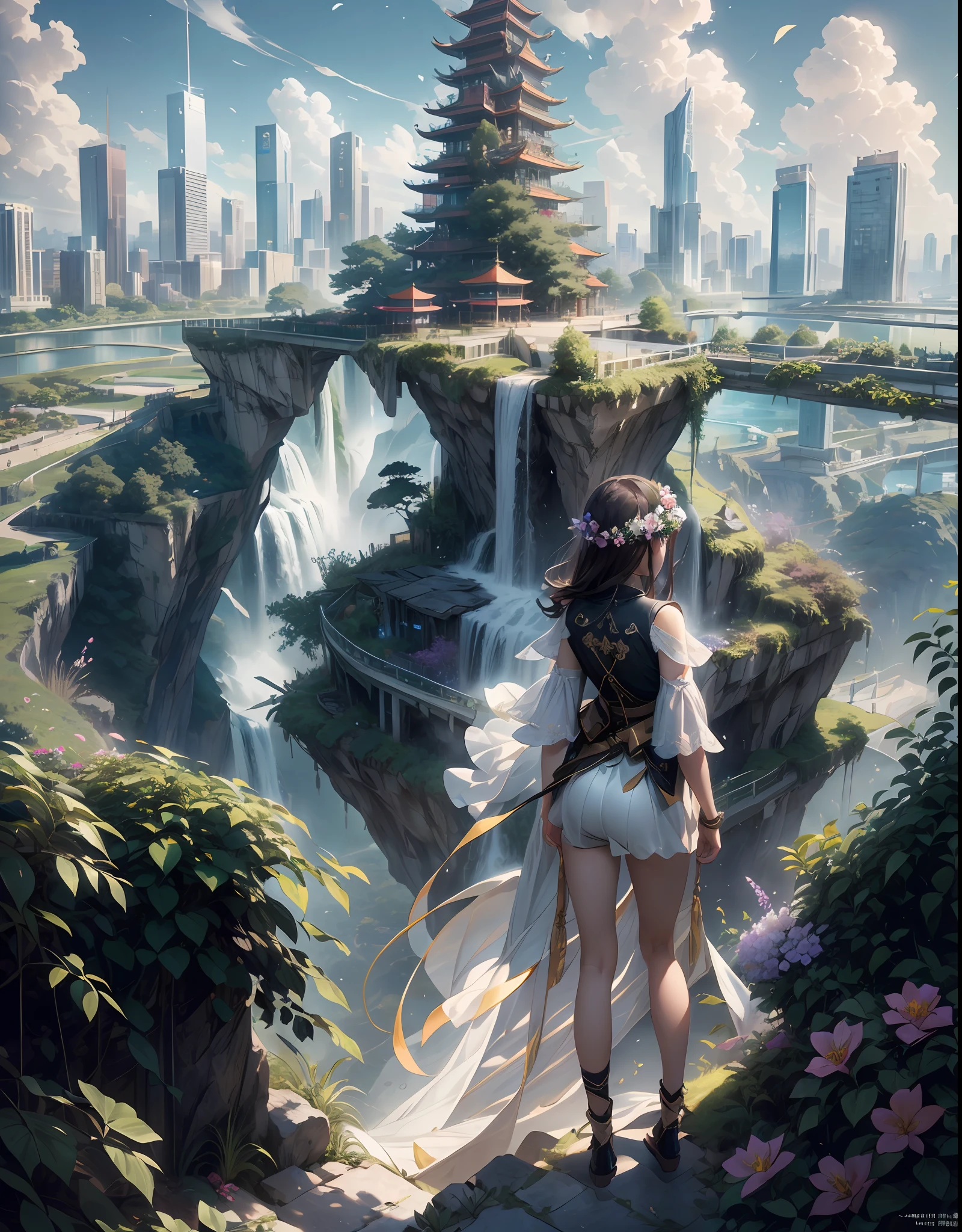 (Garden-like city below:1.4),(The high-rises of the future crisscross the sea:1.2),(Beautiful girl standing on the edge of the waterfall),(((巨作))),(((品质最佳))),((超细节的))((Extremely detailed CG)),((16k wallpaper))((An extremely delicate and beautiful)),{Photorealistic},Full body, Detailed light,full bloom,,,A masterpiece from the Canon EOS R6 shooting,((杰作)) ,cinematiclight,Unreal Engine 5,the creamy smooth skin,underbust,Overlooking,Extreme vistas