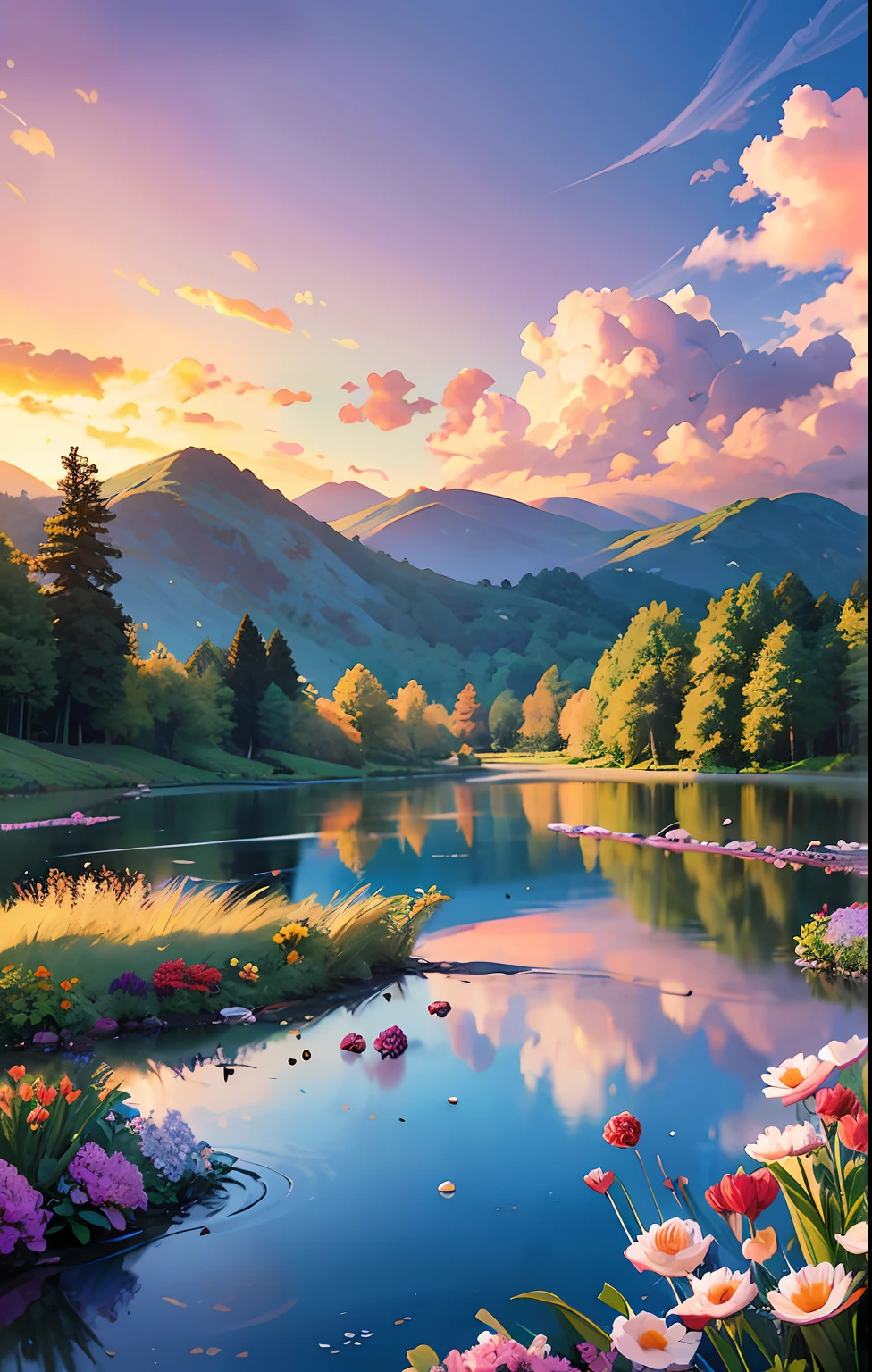 Landscape masterpiece, stunning nature, magnificent sunset in the style of wlop and alena aeinami, ultra-detailed digital painting, lake with sparkling waterfalls, colorful flowers delicately painted.