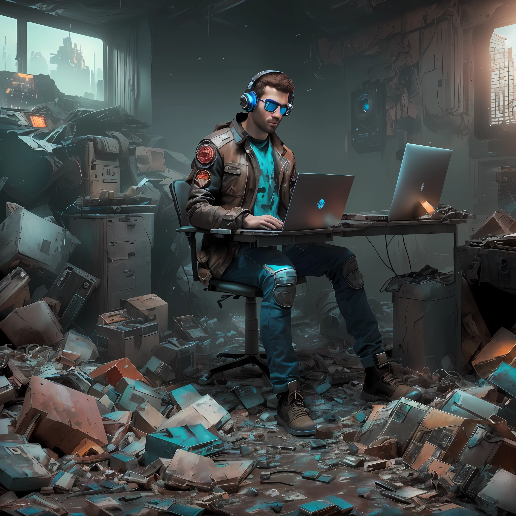 arafed man sitting in a messy room with a laptop computer, in a post apocalyptic setting, matte painting portrait shot, epic scene full of computers, environmental portrait, inspired by Chris LaBrooy, 3 d render beeple, in a cyberpunk setting, cinematic realistic photo, creative coder with a computer, creative photo manipulation, photo manipulation