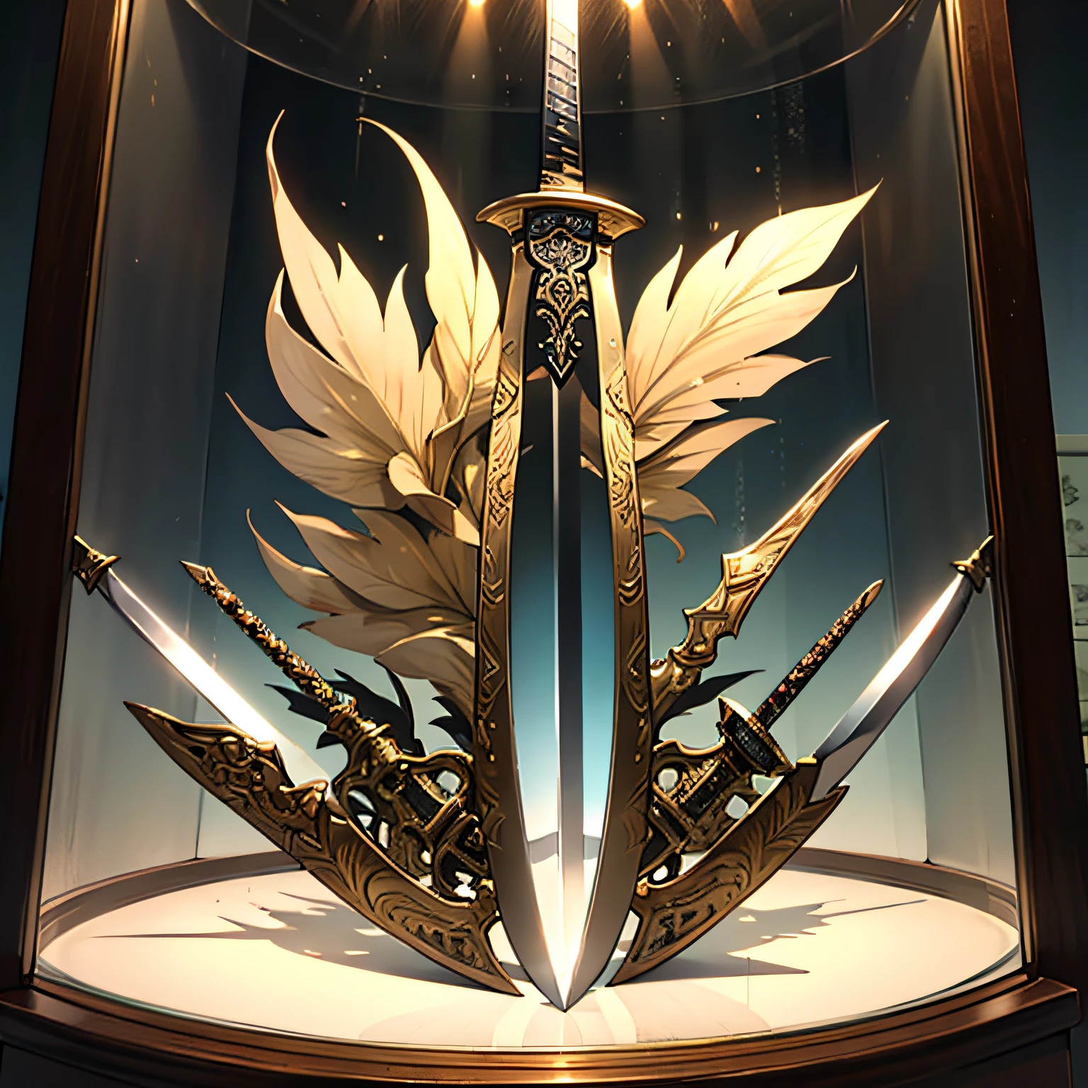 A sharp bronze sword sits in a glass display case in the museum,Anime style,ultradetail,Close up of,Ancient Chinese swords,Flashing with cold light ,(Sword body:1.2) --auto