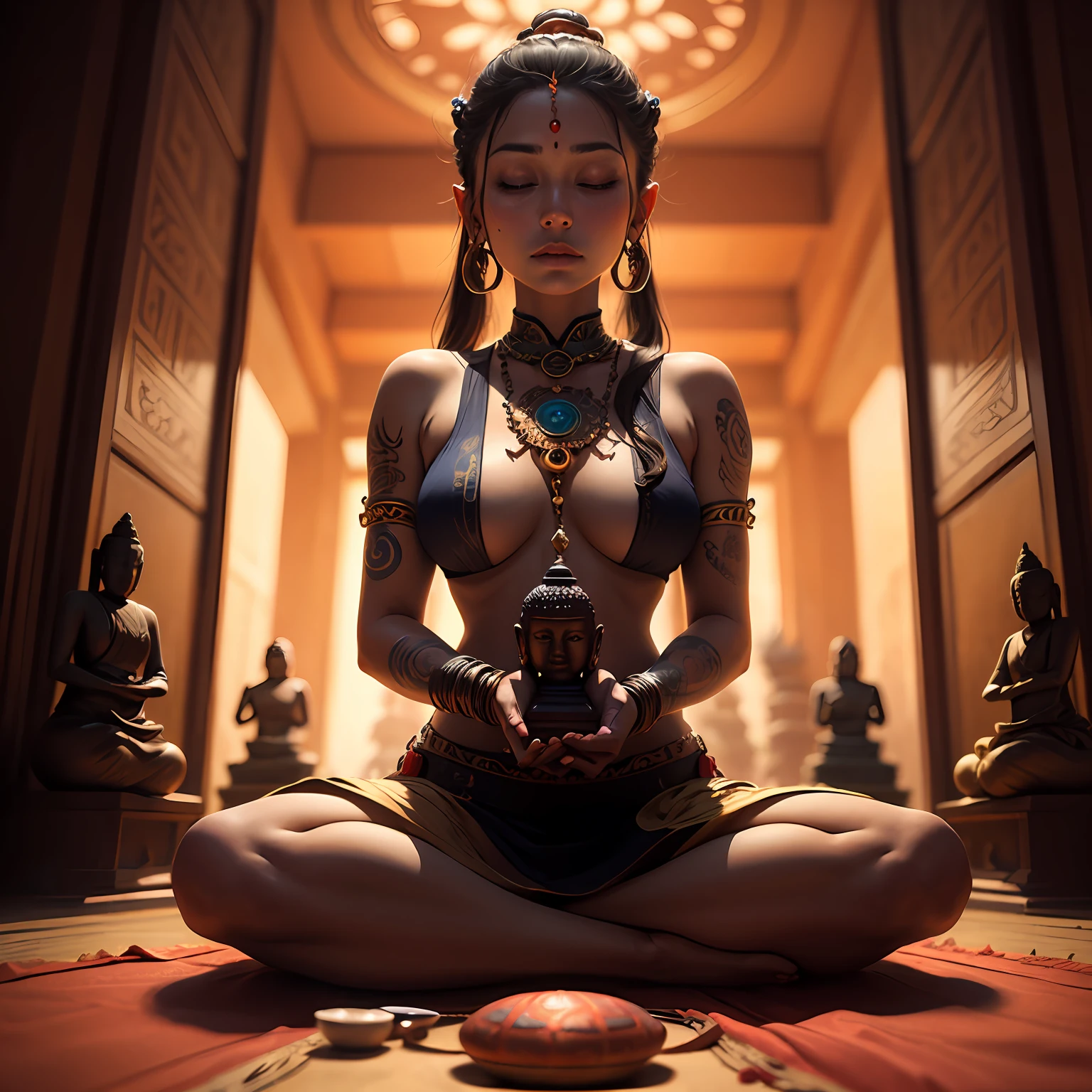 Young tantric priestess woman with tattoos and percings meditating in a tantric temple next to a photorealistic Buddha statue --auto