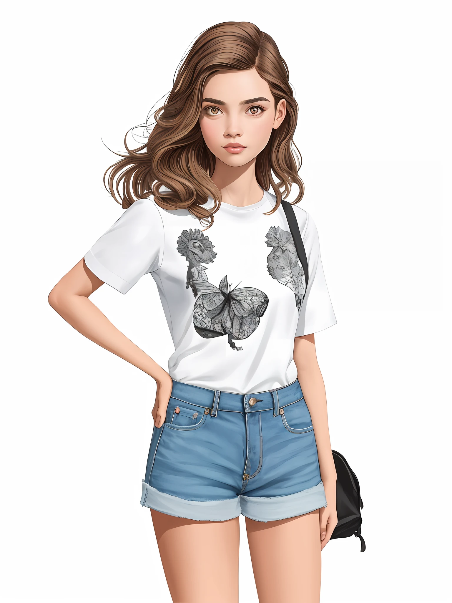 um desenho de uma mulher com cabelos longos vestindo uma camisa branca e shorts azuis, in style of digital illustration, Cartoon style illustration, arte dos desenhos animados, full length illustration, estilo de arte bonito, estilo de desenho, Estilo de desenho bonito, pintura realista da menina bonito, arte digital bonito, detailed fashion illustration, desenhado com photoshop, arte digital dos desenhos animados, fanart menina urbana, mulher bonito