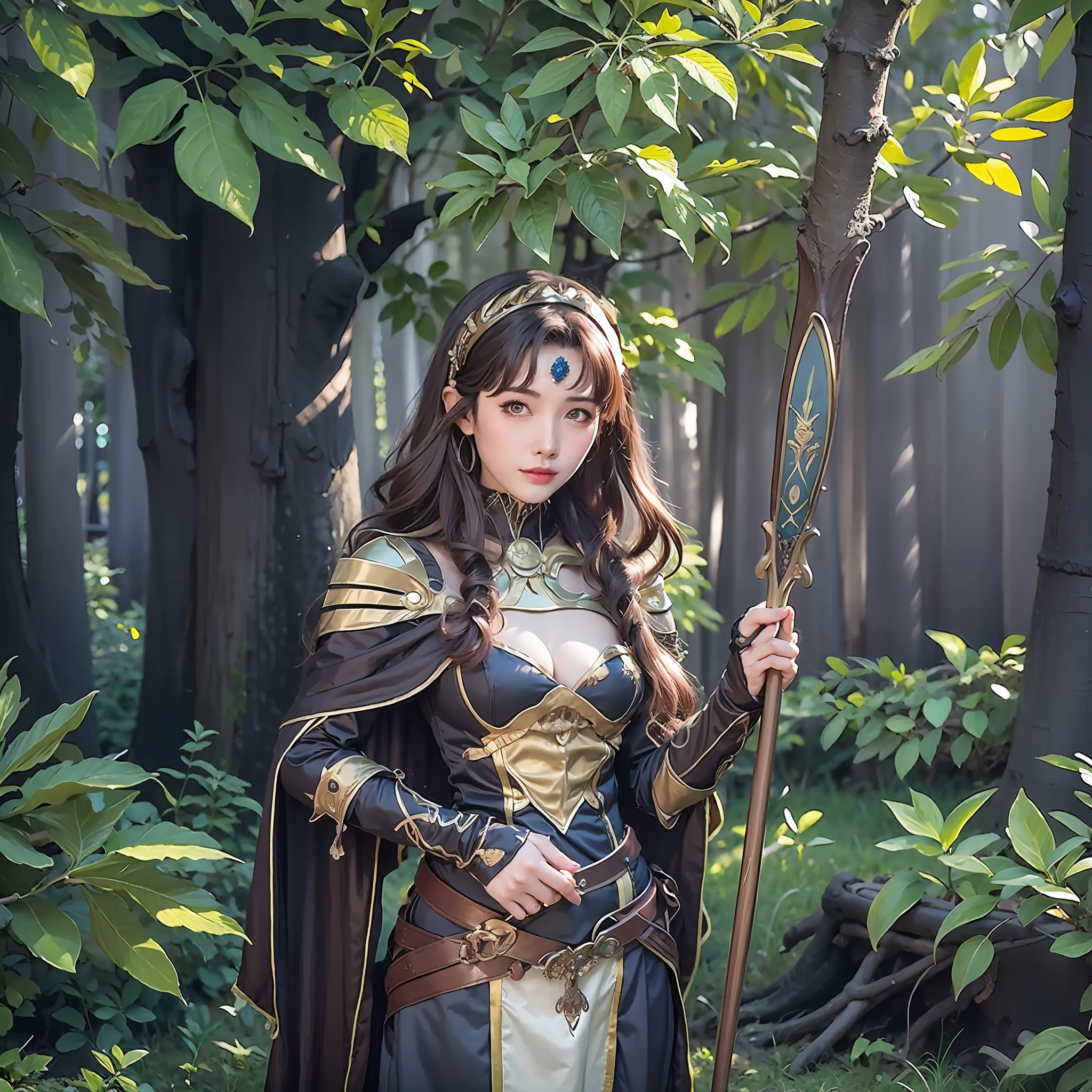 arafed woman in a costume holding a staff in a forest, [ trending on cgsociety ]!!, chengwei pan on artstation, dawn cgsociety, by Yang J, by Jason Chan, by Ryan Yee, ig model | artgerm, goddess of the forest, trendin on artstation, fantasy art style, forest hunter lady, ornate cosplay