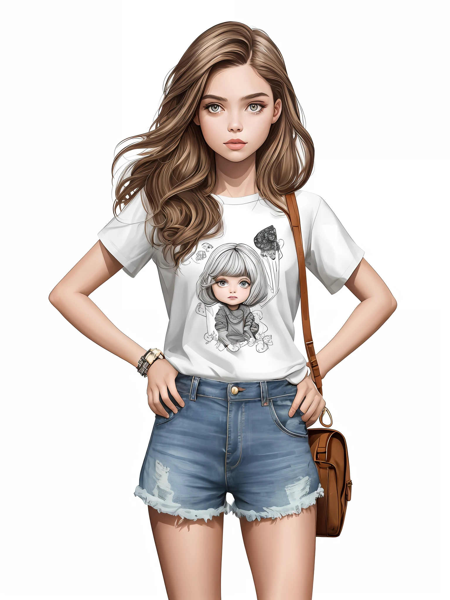 um desenho de uma mulher com cabelos longos vestindo uma camisa branca e shorts azuis, in style of digital illustration, Cartoon style illustration, arte dos desenhos animados, full length illustration, estilo de arte bonito, estilo de desenho, Estilo de desenho bonito, pintura realista da menina bonito, arte digital bonito, detailed fashion illustration, desenhado com photoshop, arte digital dos desenhos animados, fanart menina urbana, mulher bonito