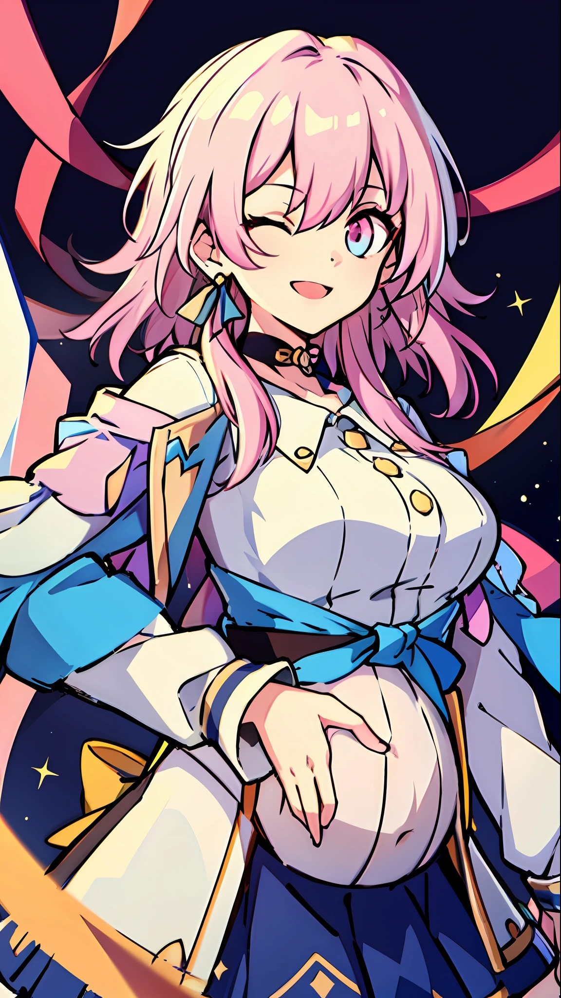 1girls, Solo, Pink hair, one eye closed,  Open mouth, Smile, Skirt, Pink eyes, Holding,  Long sleeves, march7th, multi colour_Eyes, Pink hair, Ribbon earrings,(the universe:1.1),Upper body, Masterpiece,pregnant belly，Beth