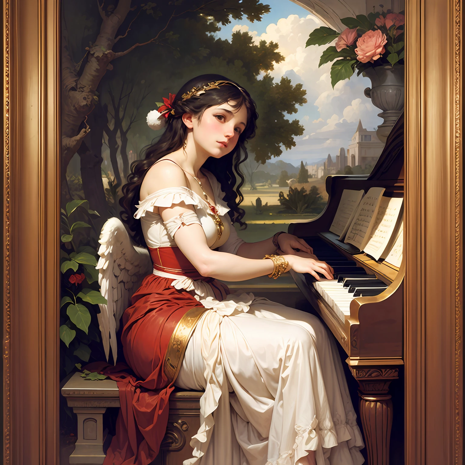 Santa Cecilia,[[Beautiful Woman playing a piano type organ]], while angel listens,William-Adolphe Bouguereau --auto