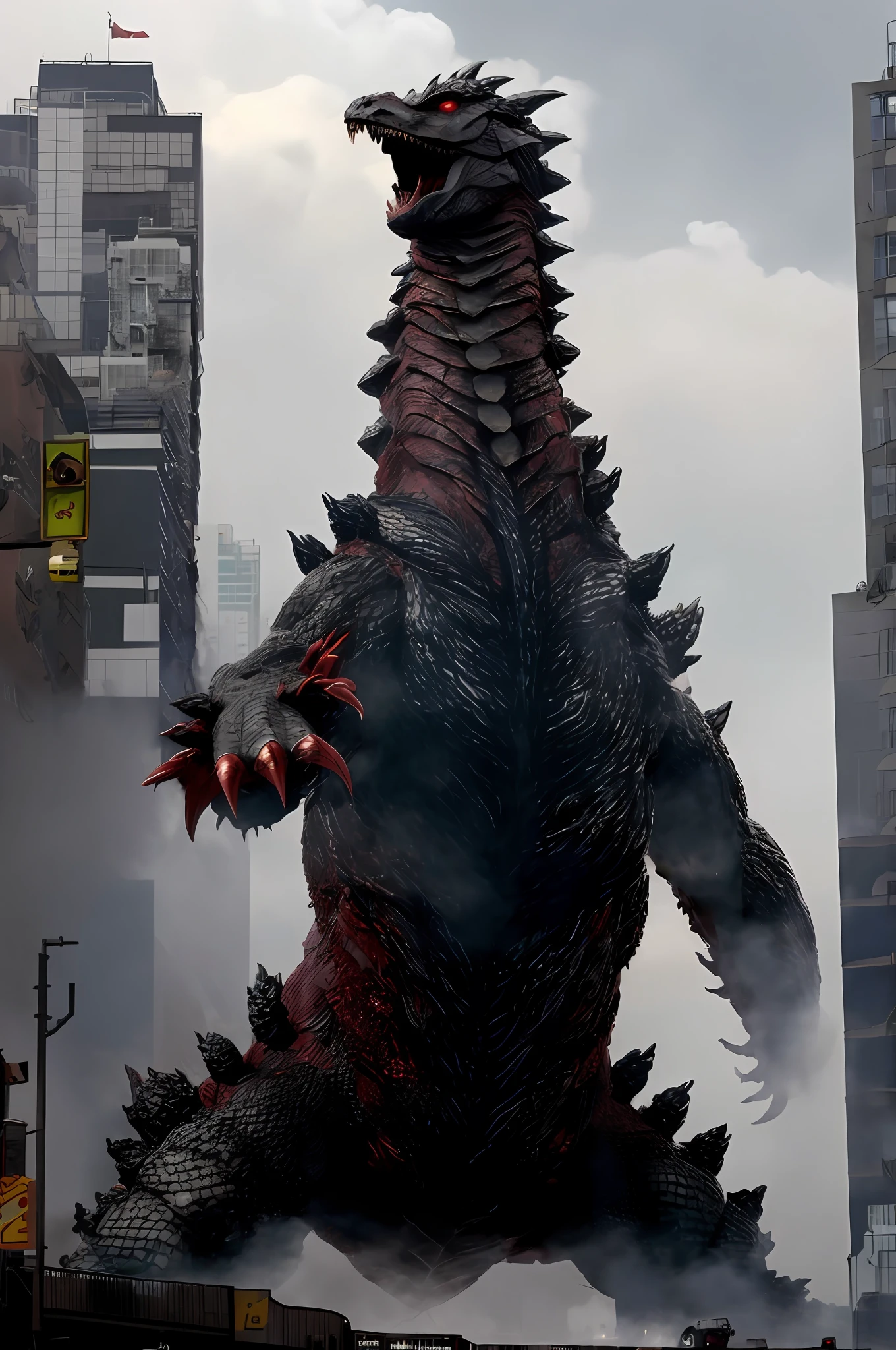 The background is smoke from the collapse of skyscrapers, kaiju towering above new york, giant kaiju dragon monster, manticore, shin godzilla, Godzilla, kaiju battle, 《Godzilla》Terex in  (2014), kaiju-eiga, liam neeson versus godzilla, colossal dragon in background，